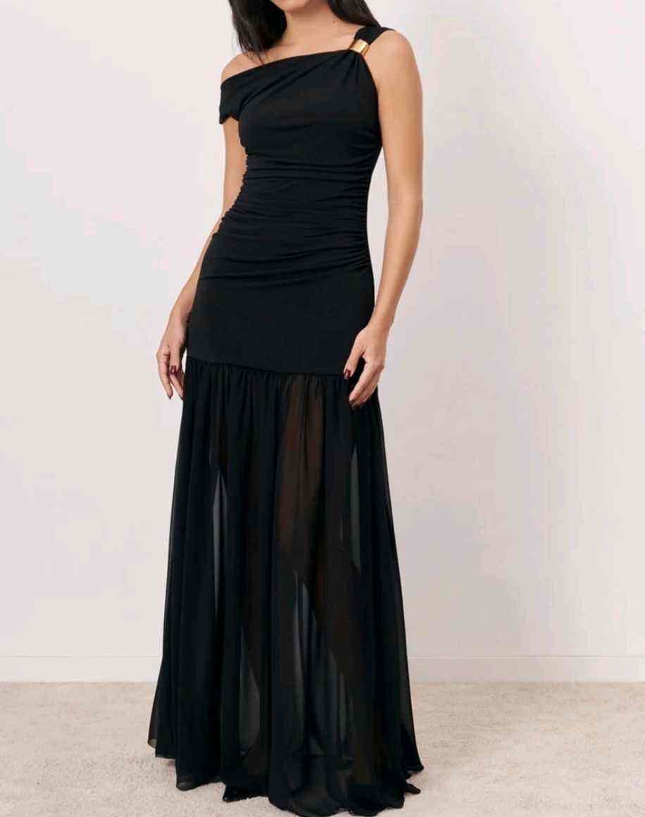 VESTIDO LARGO COMBINADO DE DOS TELAS Y TIRANTE CON DETALLE DORADO 