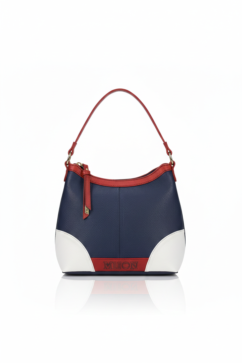 Bolso de cuero azul y rojo