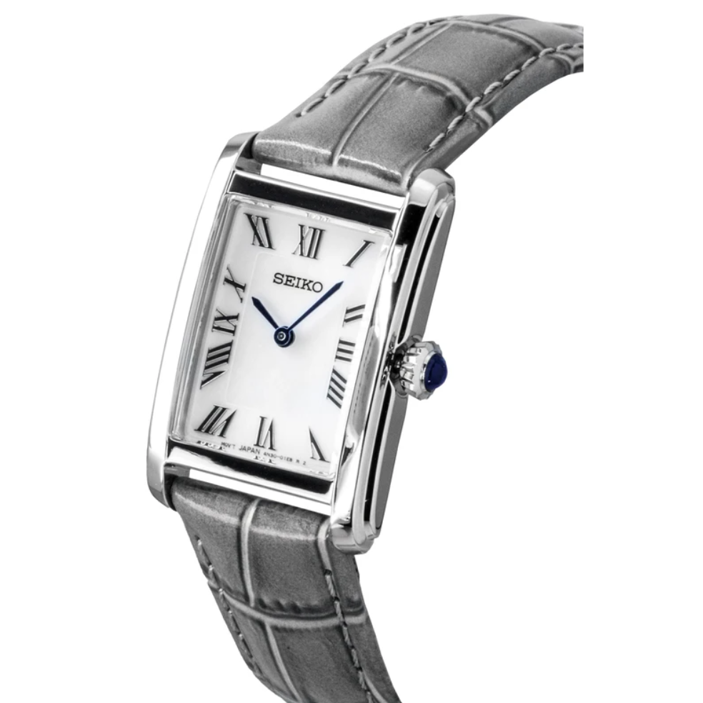 Seiko Classic Leather Strap White Dial Quartz SWR099P1 Women’s Watch – Elegant Rectangular Dress Timepiece