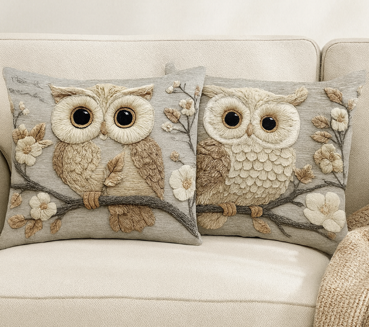 Vintage Owl & Botanical Throw Pillow Cover