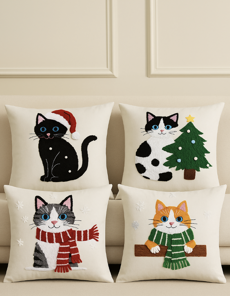Festive Cat Christmas Throw Pillow Covers