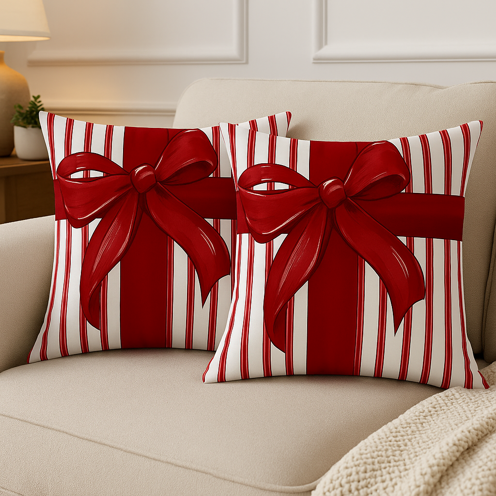 Festive Red Bow Throw Pillow Set