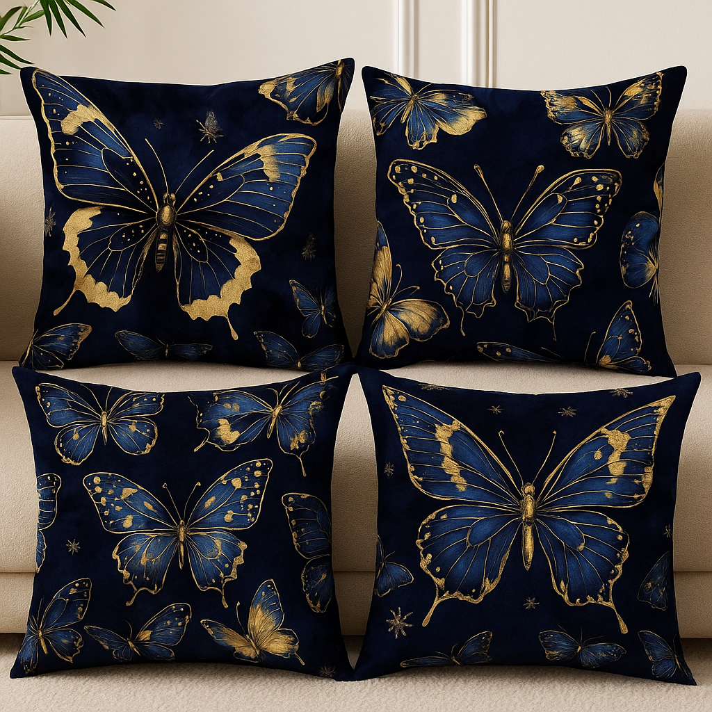 Golden Blue Butterfly Decorative Throw Pillow Covers