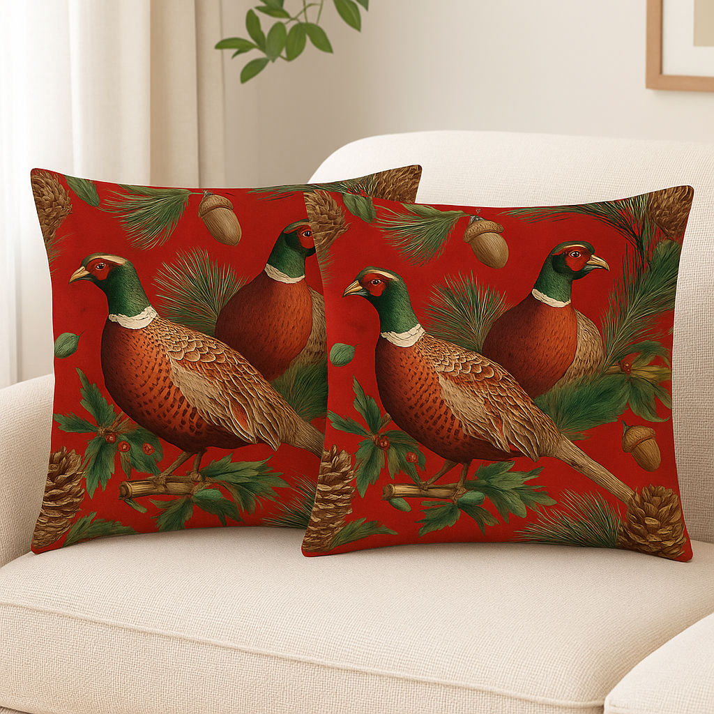 Vintage Red & Golden Pheasant Throw Pillow Covers