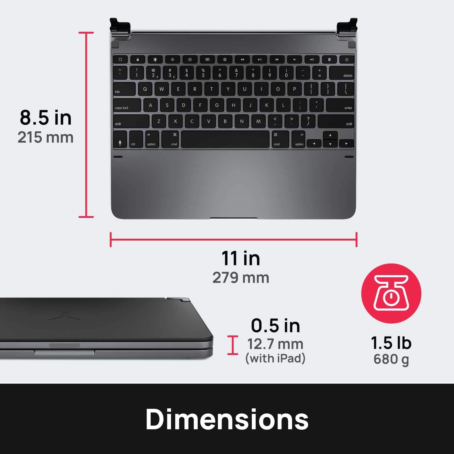 Brydge Keyboard for iPad | Aluminum Wireless Bluetooth 4.2 Keyboard with Backlit Keys | Long Battery Life | (Space Gray)