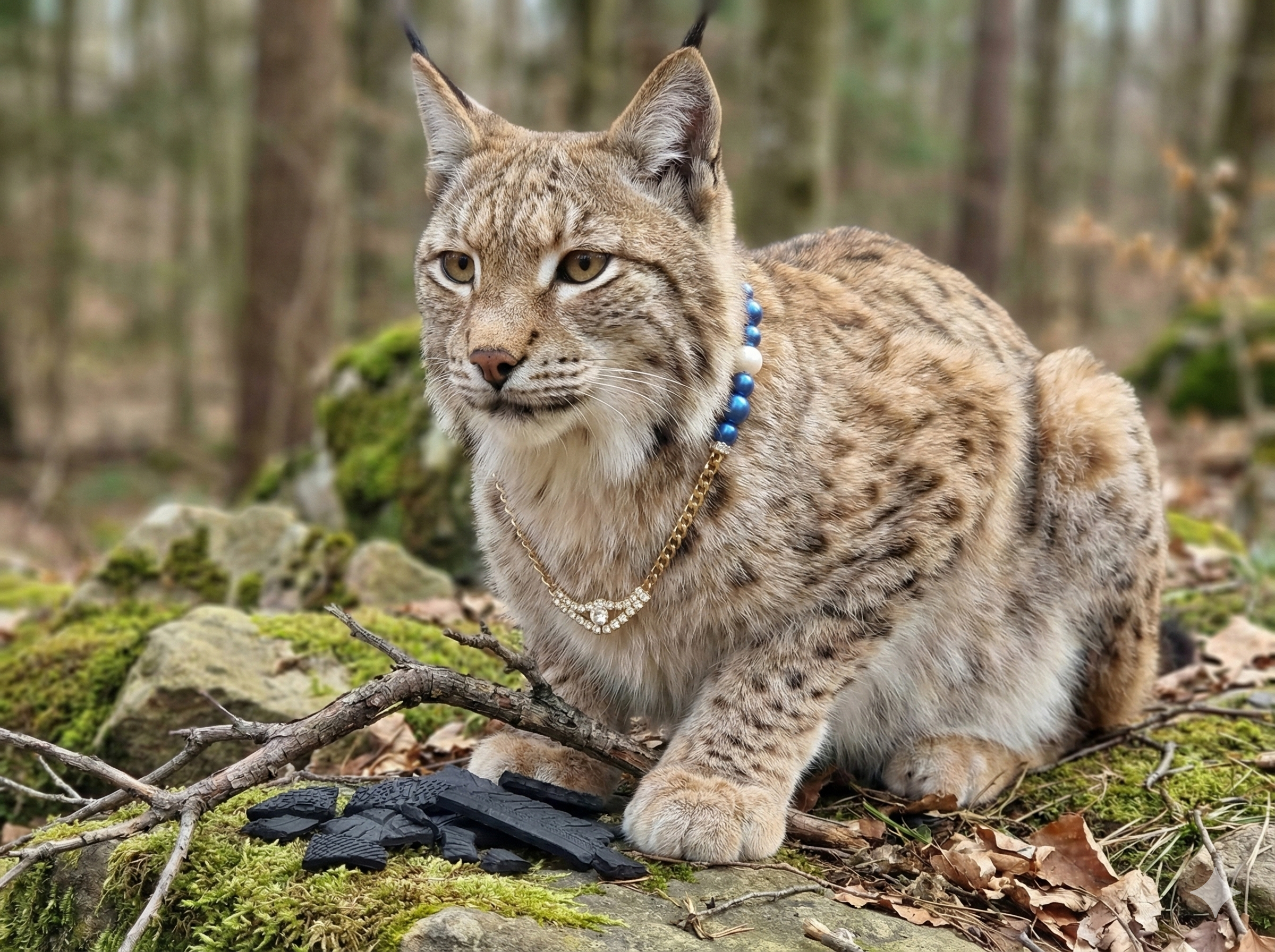 Collar Canino de Perlas "Blue Royal" con Cadena Dorada y Strass