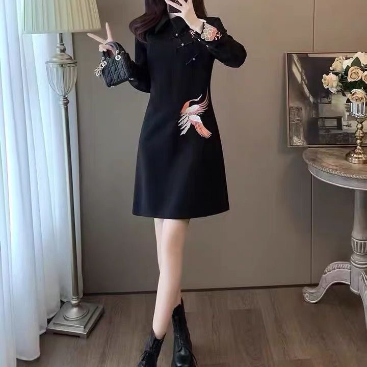 Elegant Black Dress with Bird Embroidery