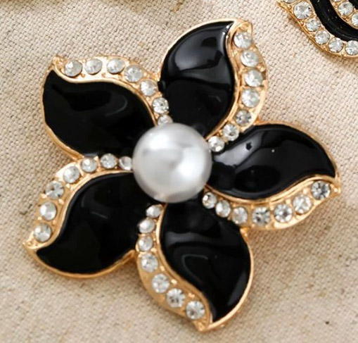 Black Petal Crystal Flower Brooch