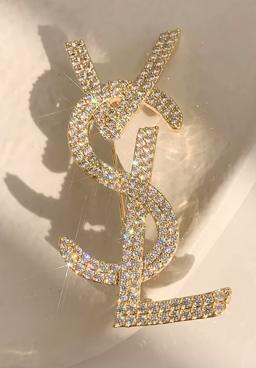 Rhinestone Letter Gold Brooch