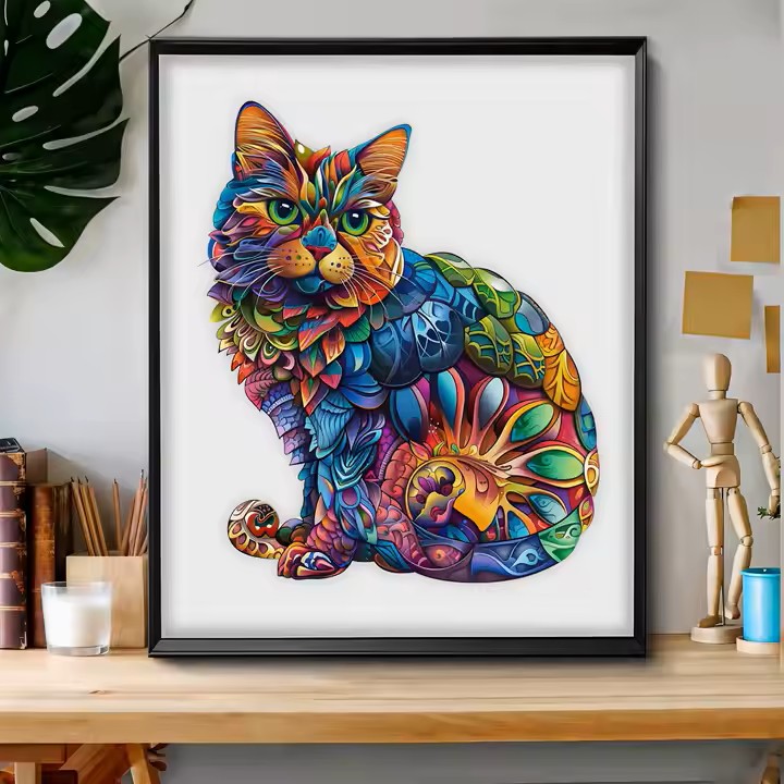 Puzzle en Bois - Le Chat Coloré Psychédélique 