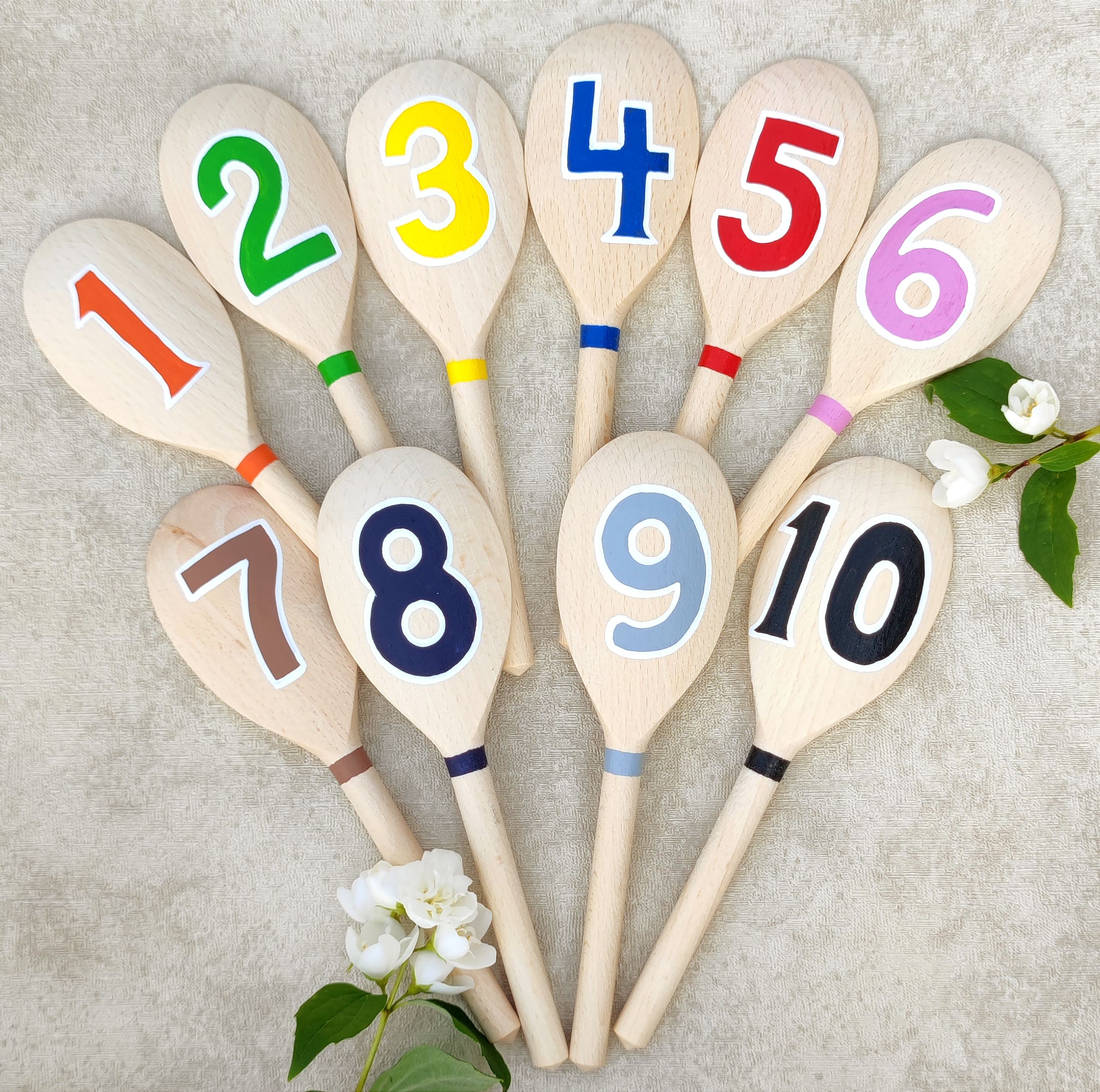 Medinių šaukštų rinkinys „Skaičiai ir spalvos“ (1–10)