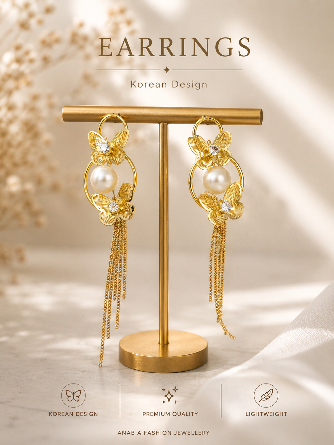 Gold Butterfly Pearl Earrings