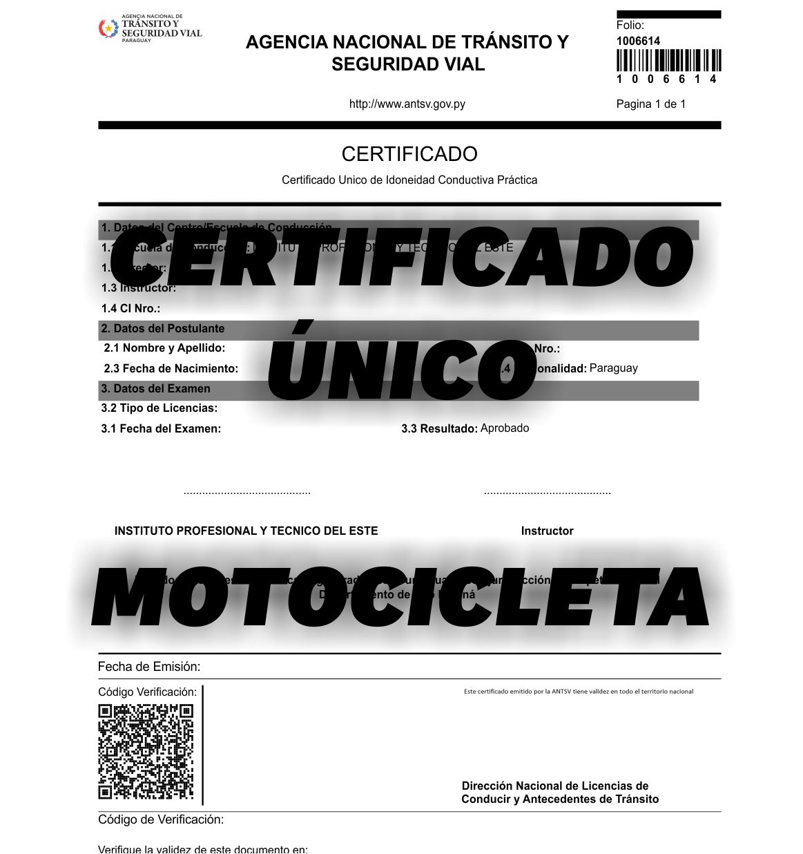 Certificado Único - Moticicleta
