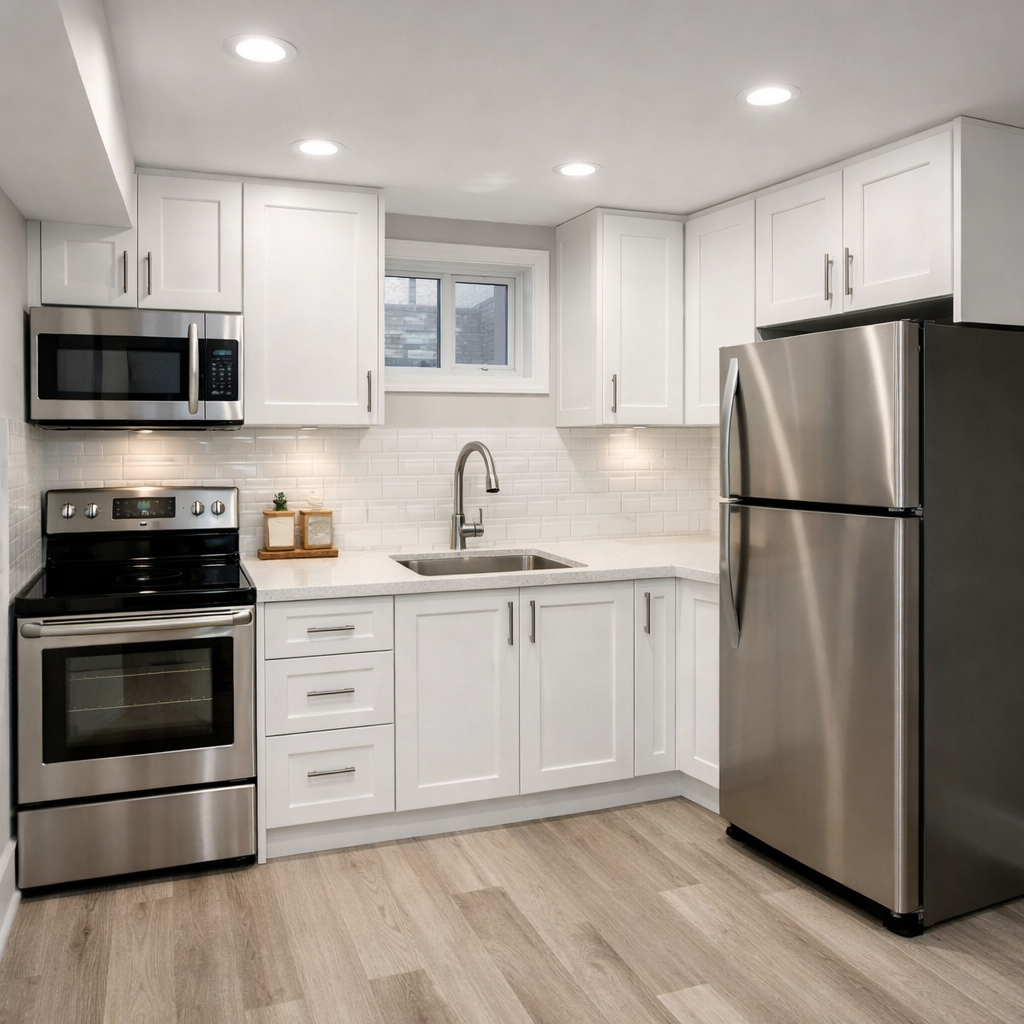 White Shaker Basement Kitchen Cabinets