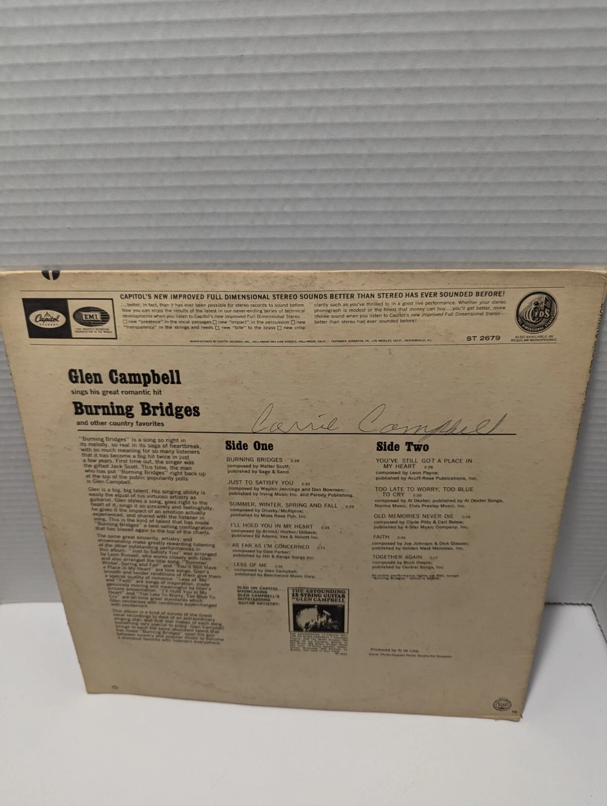 Glen Campbell Burning Bridges Vinyl Record Classic Country LP Album