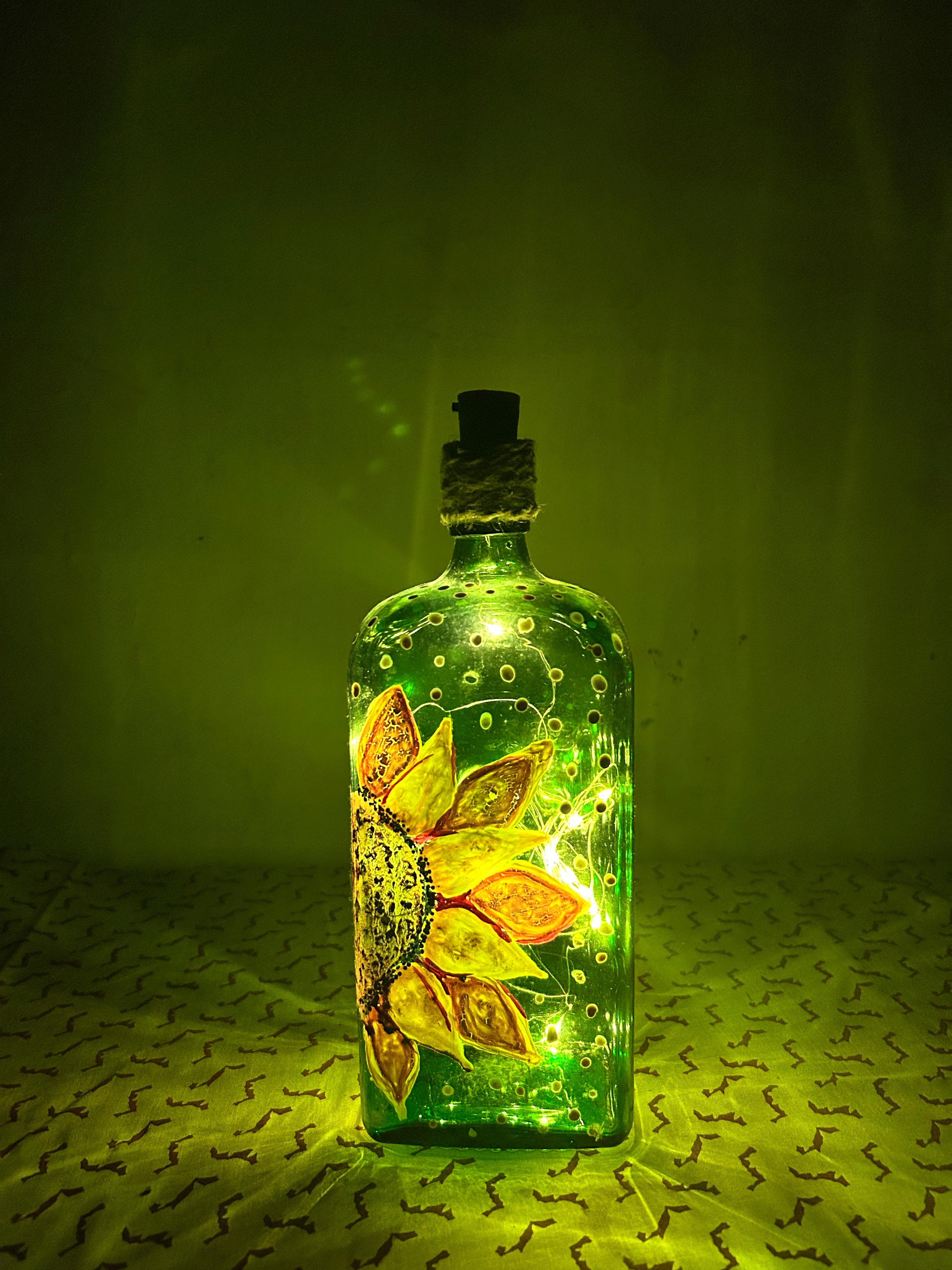 Sunflower Painted Glass Bottle Lamp