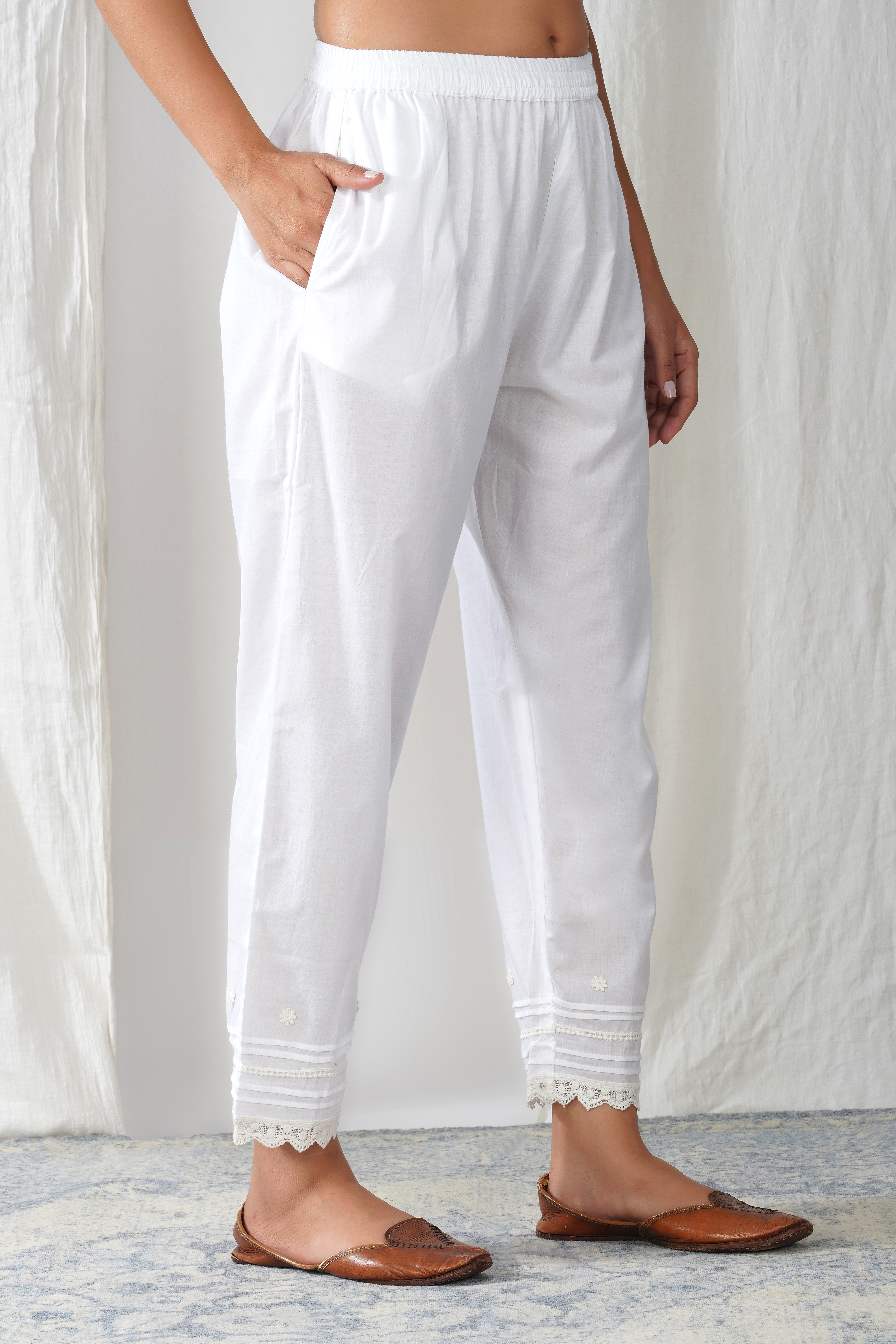 White Cotton Lace Trim Pajama Pants