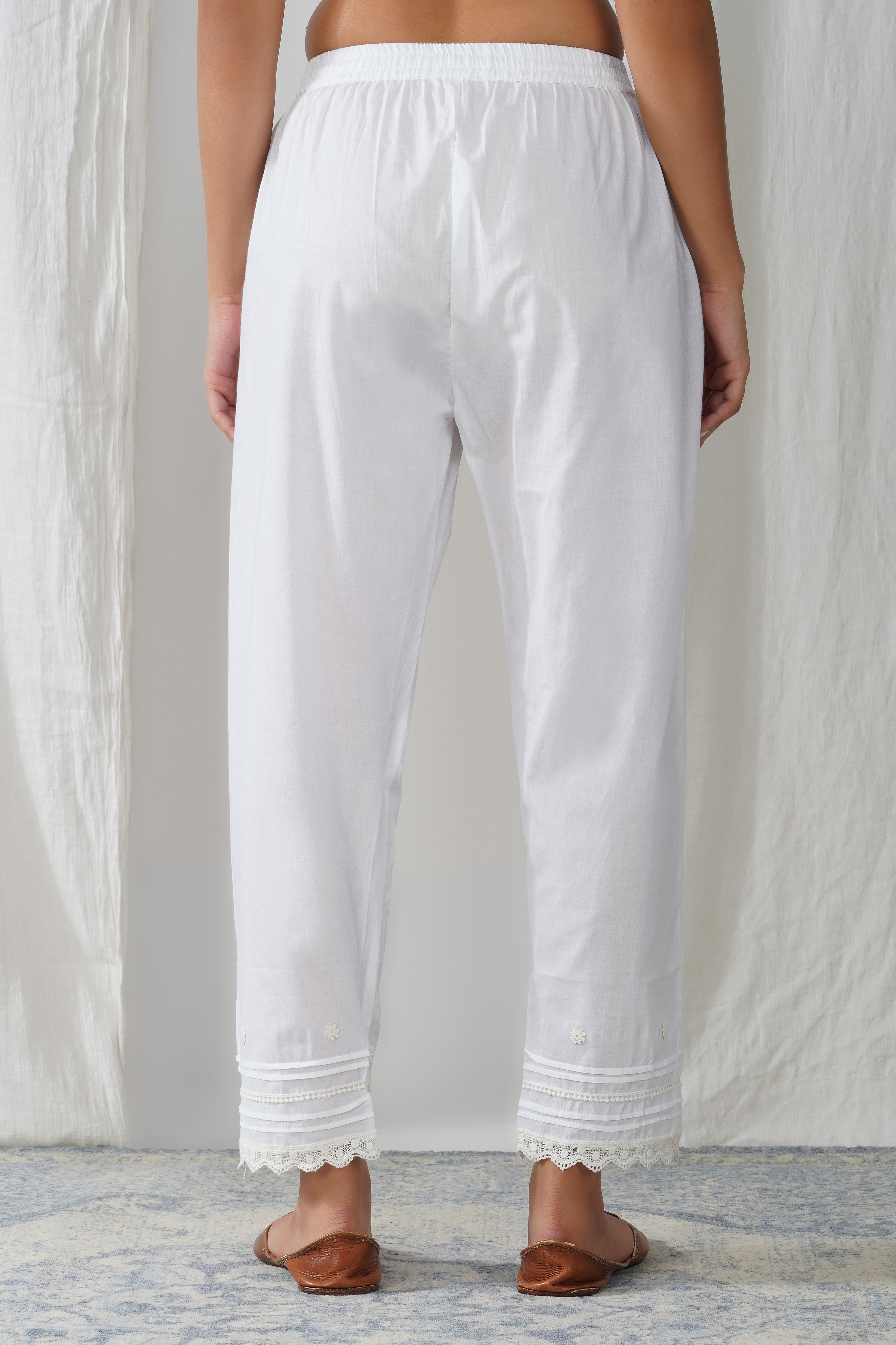 White Cotton Lace Trim Pajama Pants