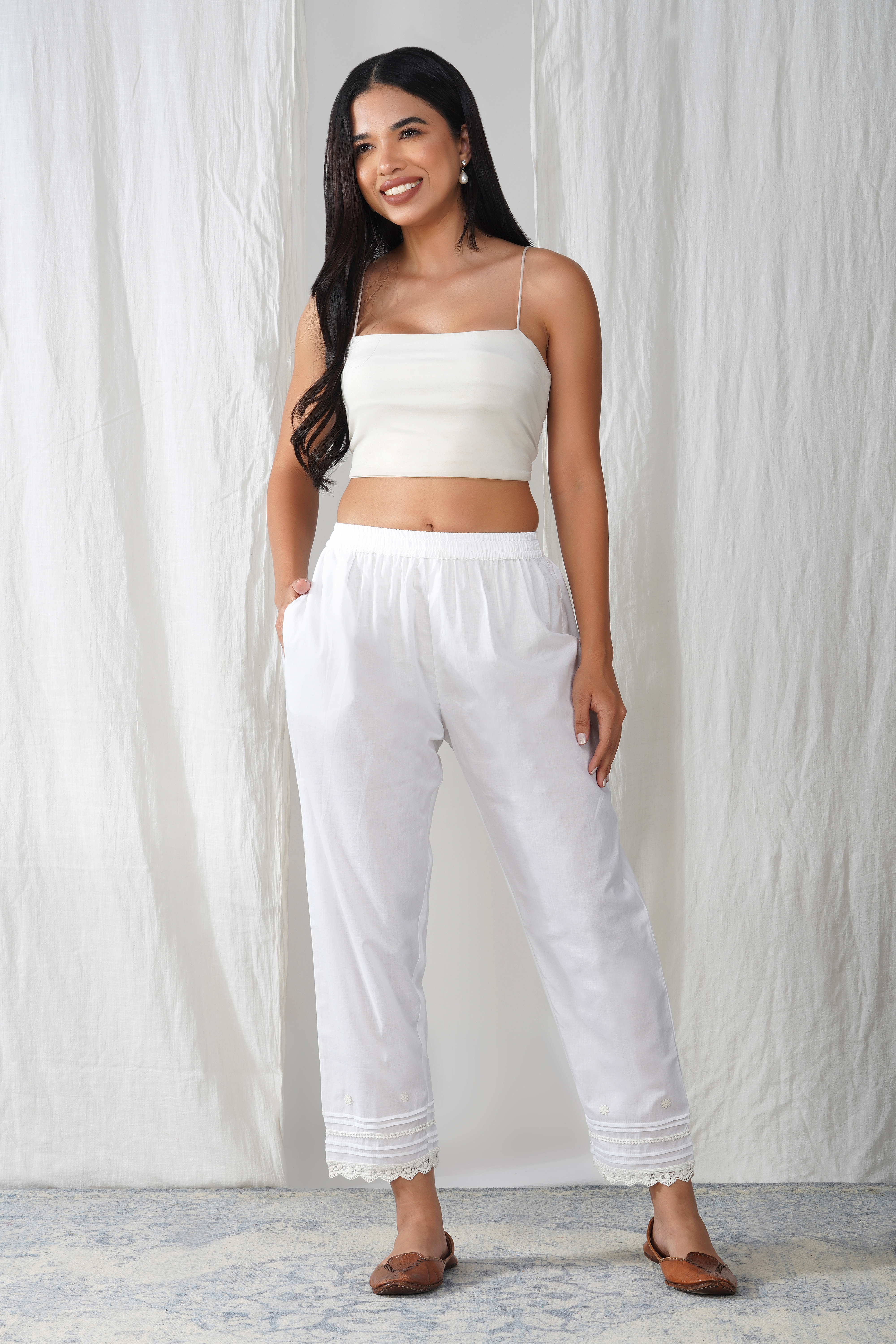 White Cotton Lace Trim Pajama Pants