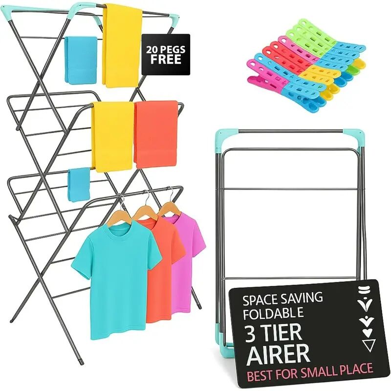 EPISENT 3-Tier Clothes Airer Drying Rack, 12M Washing Line Airer with Foldable Racks, Indoor & Outdoor Clothes Dryer Airers, Space Saving Laundry Rack, Easy to Store Black