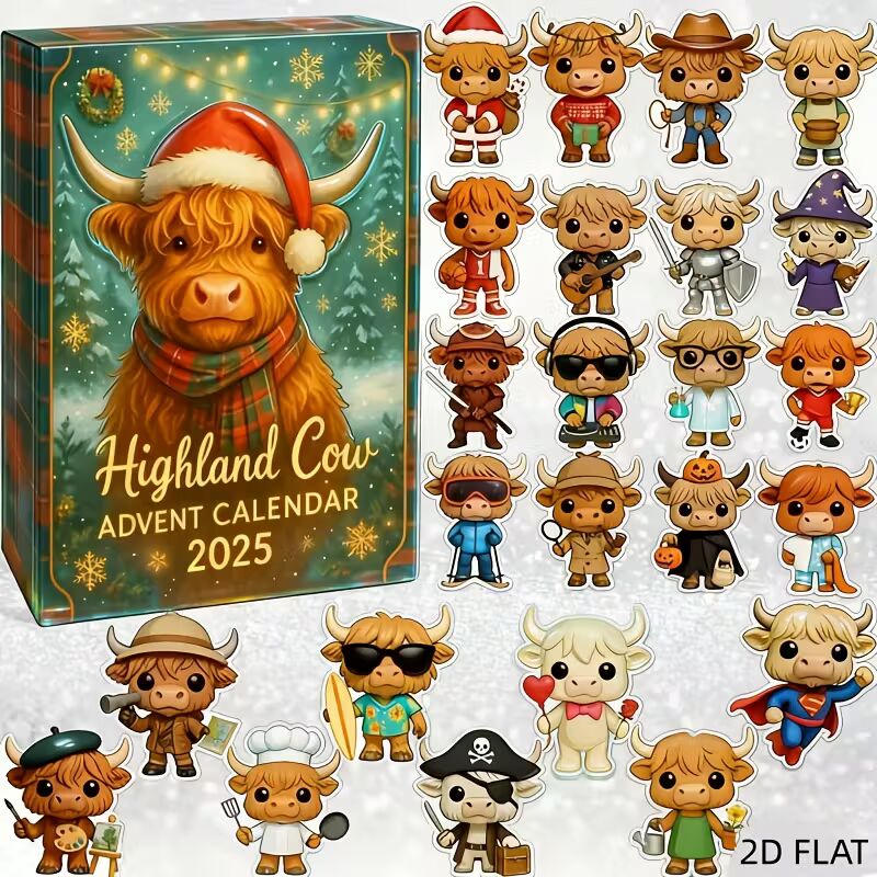 2D FLAT 2025 Highland Cattle Christmas Card Calendar, Featuring a 24-Day Countdown Calendar for Christmas And 24 Different Mini Highland Cattle Decorations (They Are 2D, Not 3D), Seasonal Celebration, Holiday Decor, Cute Cattle, Festive Illustrations