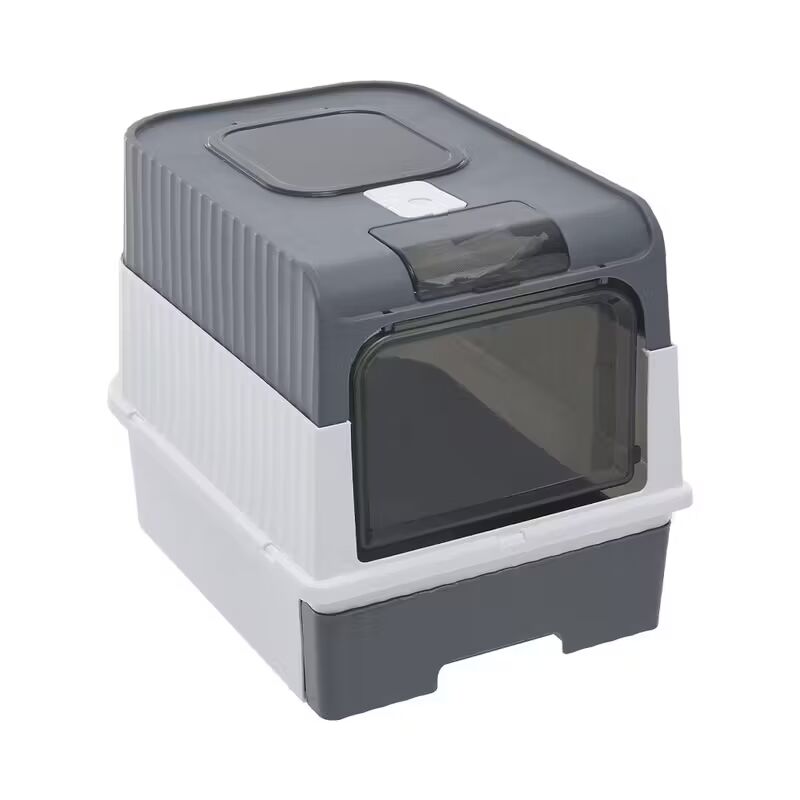 Cat Litter Tray Large Cat Litter Box with Lid, Anti-Splashing Cat Litter Tray with Drawer Pan and Scoop, Odor Control Easy Clean Foldable Litter Tray, Grey