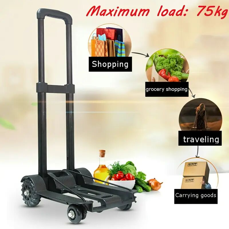 Heavy Duty Folding Hand Truck 75kg/170lbs Capacity - Adjustable Height, Noiseless All-Terrain Trolley with Sturdy Steel Frame & Tubeless Rubber Wheels