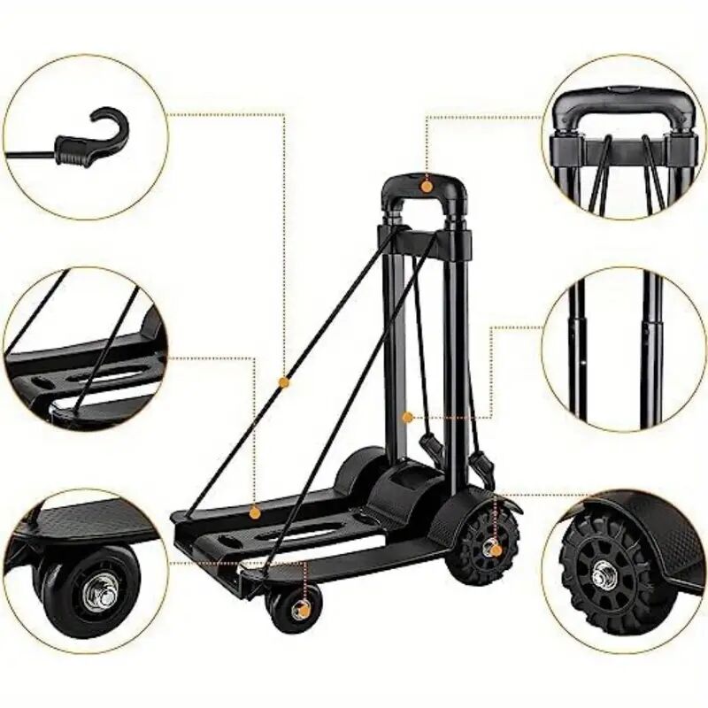 Heavy Duty Folding Hand Truck 75kg/170lbs Capacity - Adjustable Height, Noiseless All-Terrain Trolley with Sturdy Steel Frame & Tubeless Rubber Wheels
