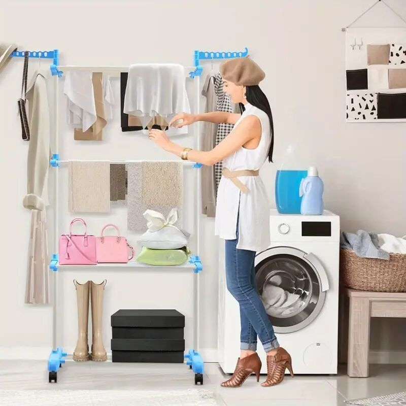 Foldable Extra Large Clothes Drying Rack 4 Tier For Indoor Outdoor Laundry Room Laundry Garment Dryer Stand Adjustable Rolling Laundry