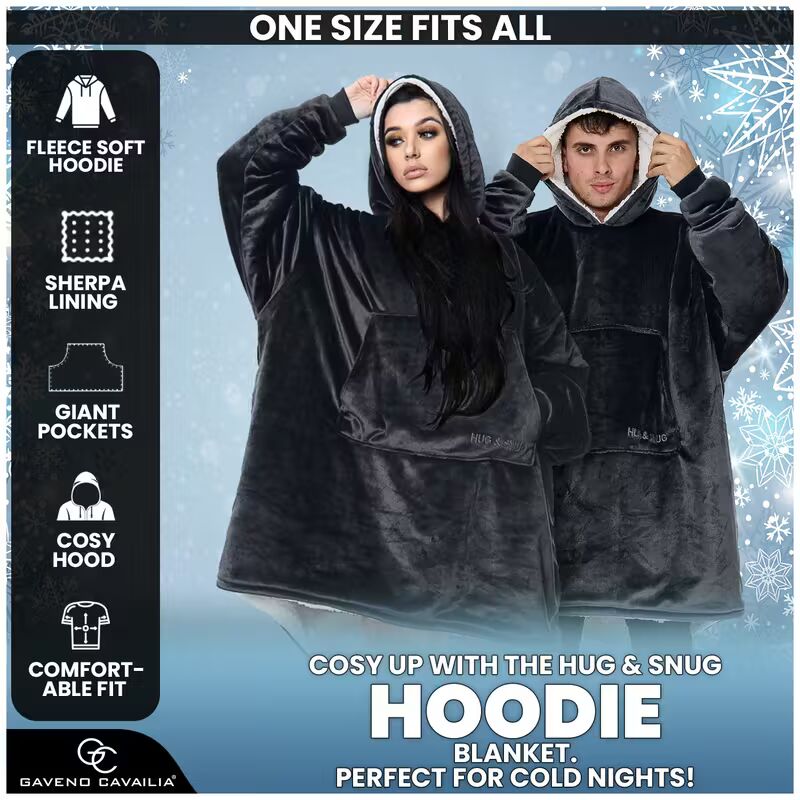 Extra Large Hooded Blanket | One Size Hoodie for Men & Women | Soft Fleece & Sherpa Lining | Oversized Cosy Wearable Blanket with Large Pockets for Comfort and Warmth