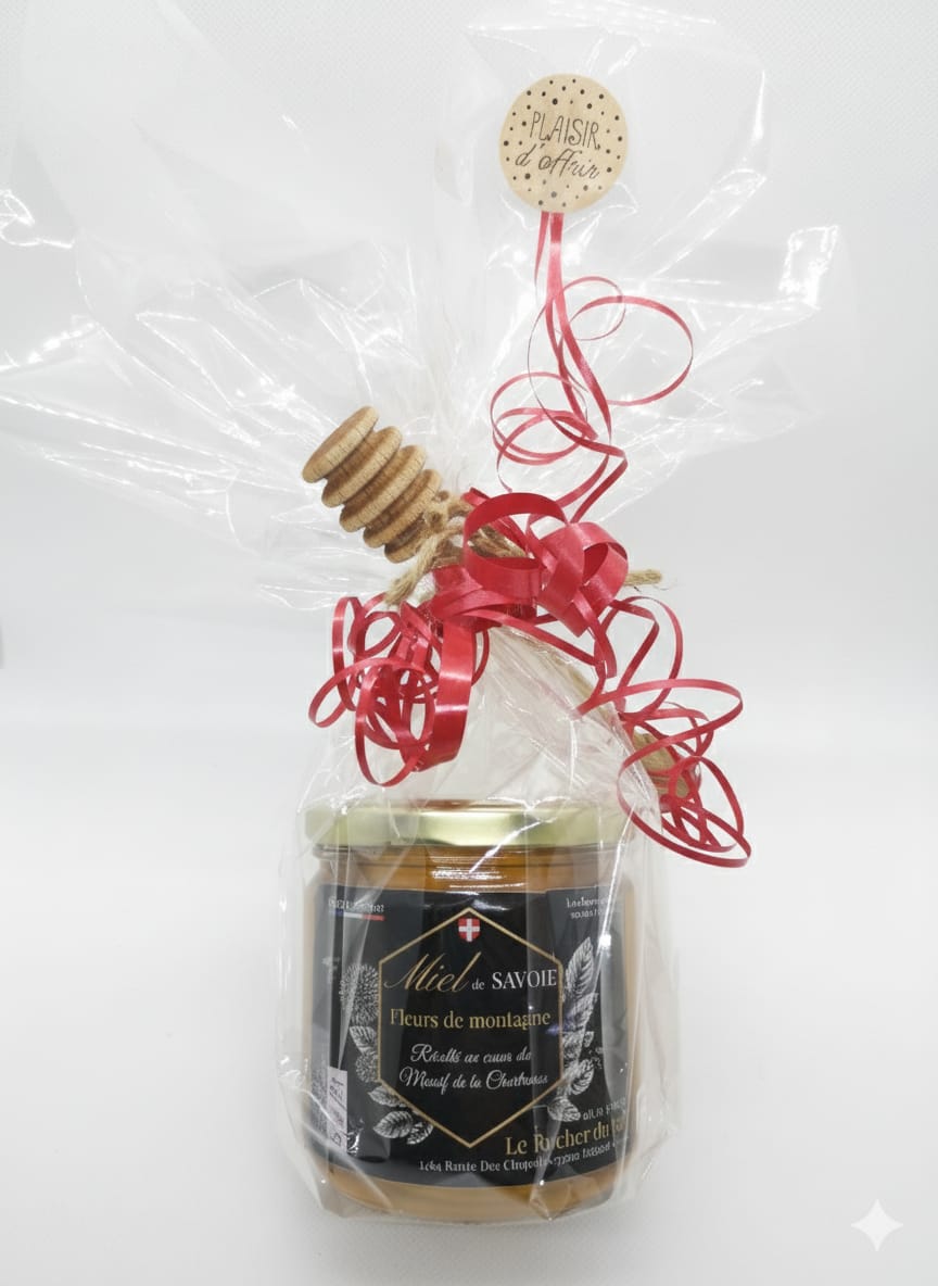 Miel toutes fleurs pot de 500 g déjà emballé avec une cuillère en bois prêt a offrir