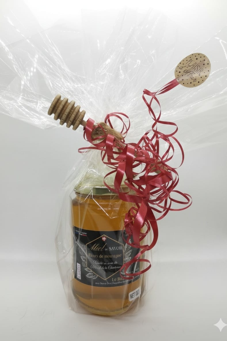 Miel toutes fleurs pot de 1 kg en verre avec emballage cadeau et cuillère a miel en bois prêt a offrir