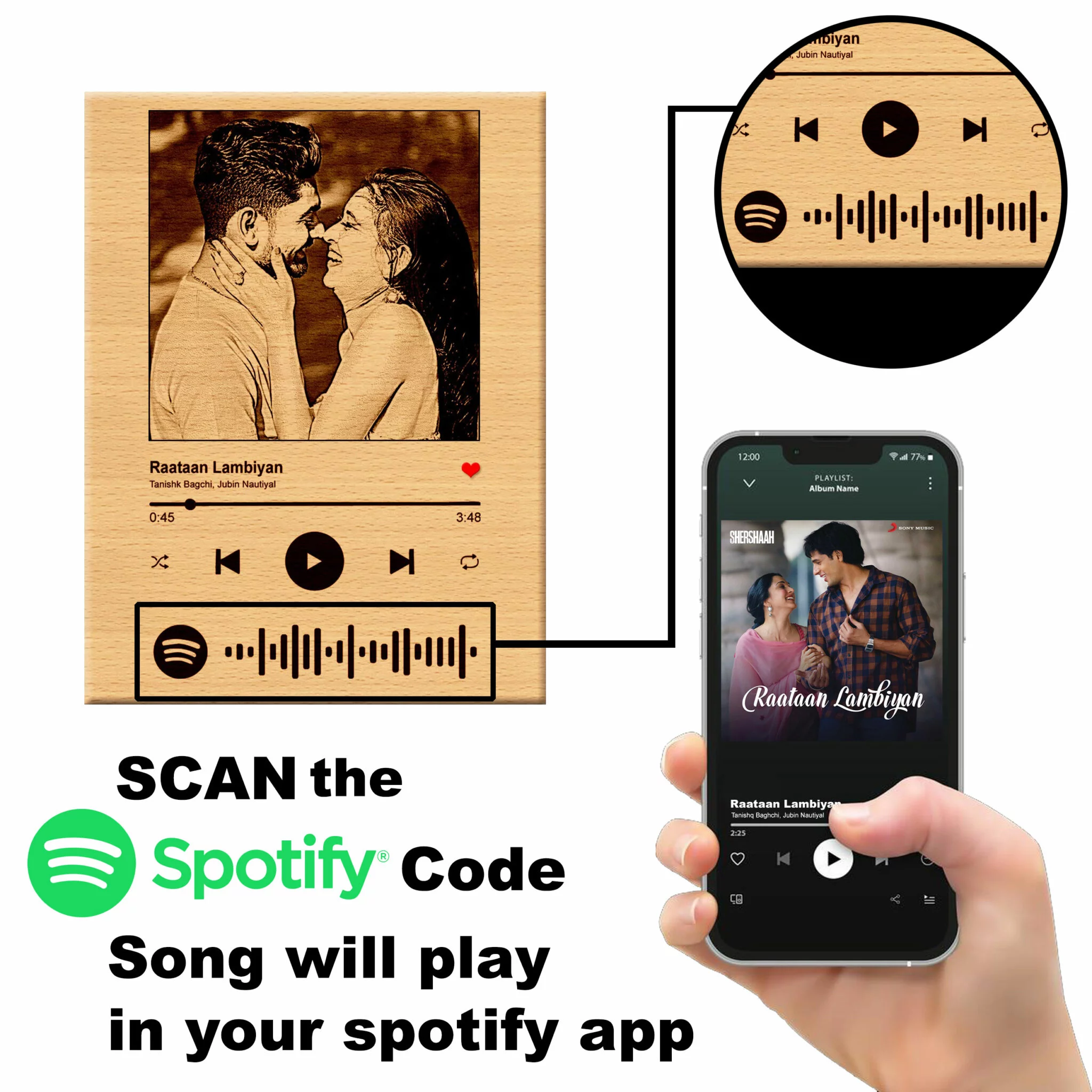 Dein Moment, Dein Beat – Maßgeschneiderte Songs für jeden Anlass + Spotify und QR Code auf Holz