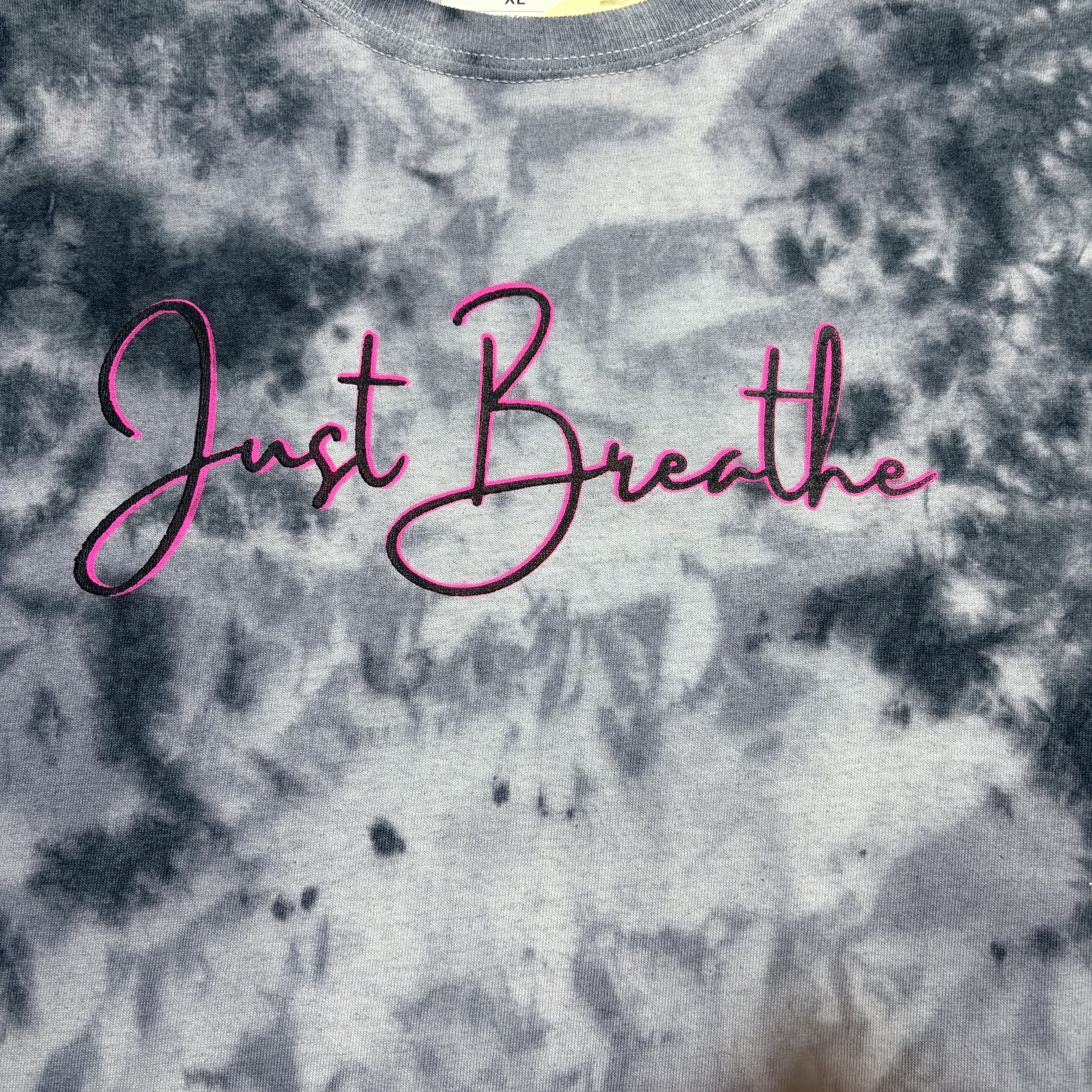 Black & Gray Tie Dye Graphic Tee – “Just Breathe” Pink Accent – Handmade XL