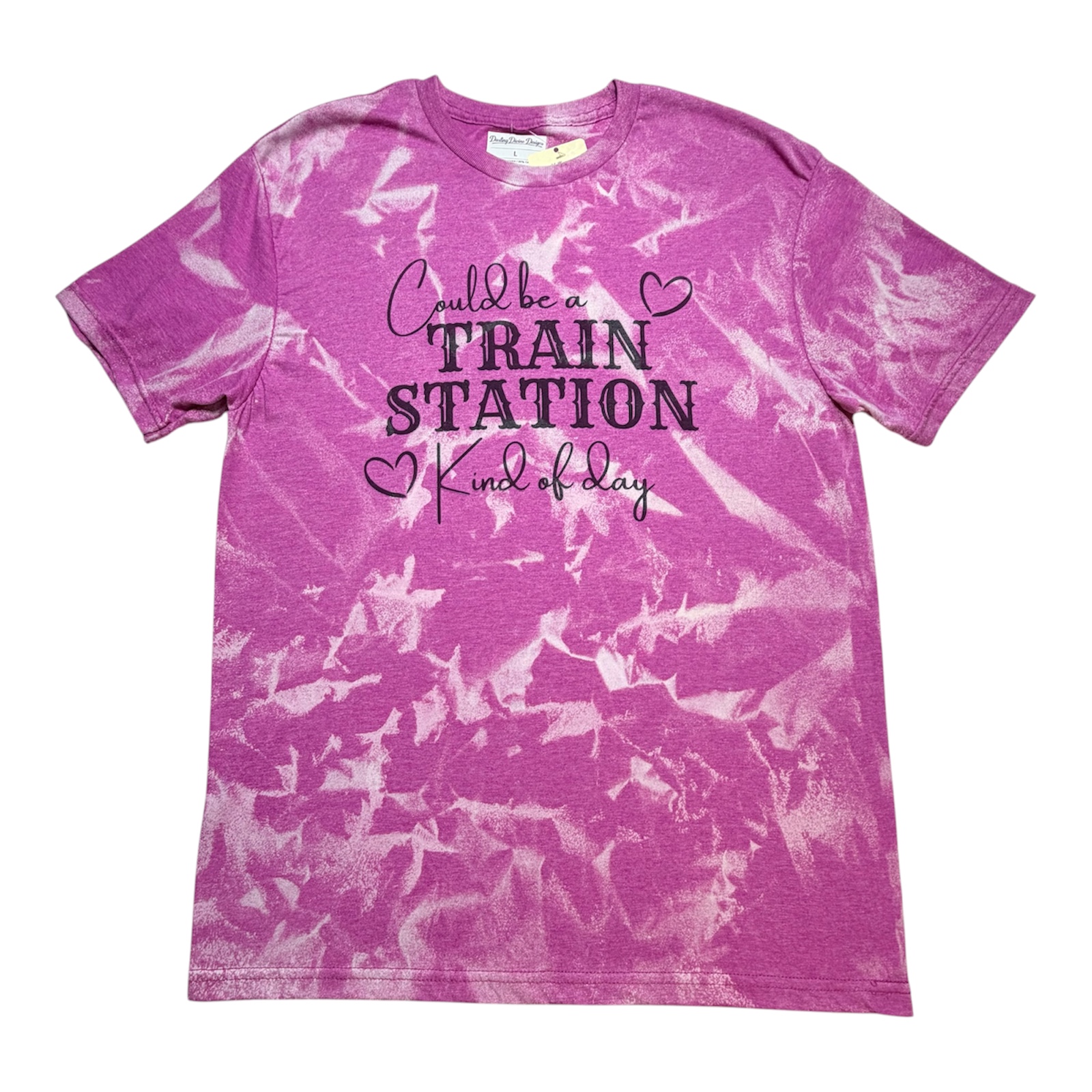 Bleach‑Dyed Heather Berry Graphic Tee – “Train Station Kind of Day” – Large
