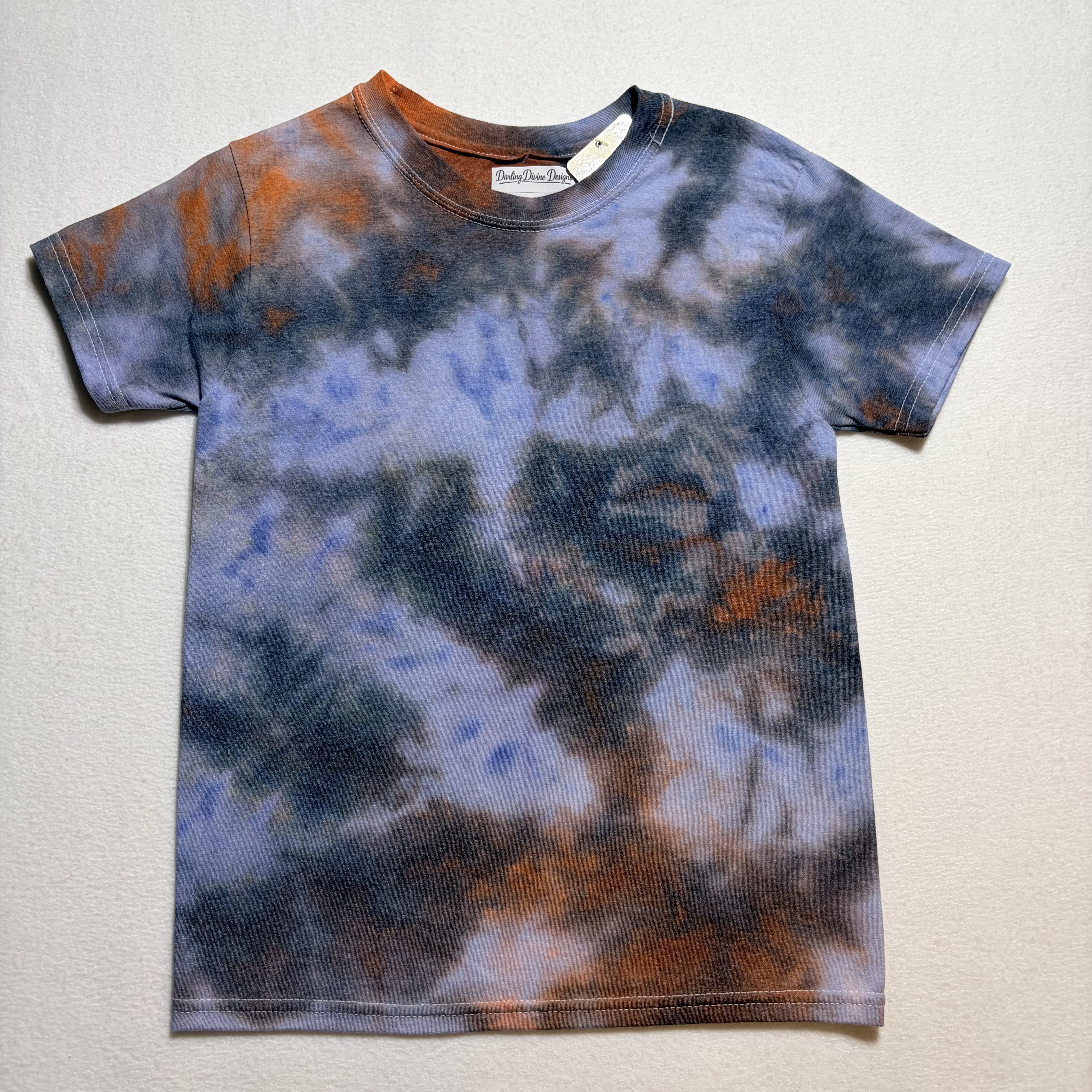 Youth Tie Dye T‑Shirt – Blue/Black/Orange Pattern – Medium 50/50 Blend