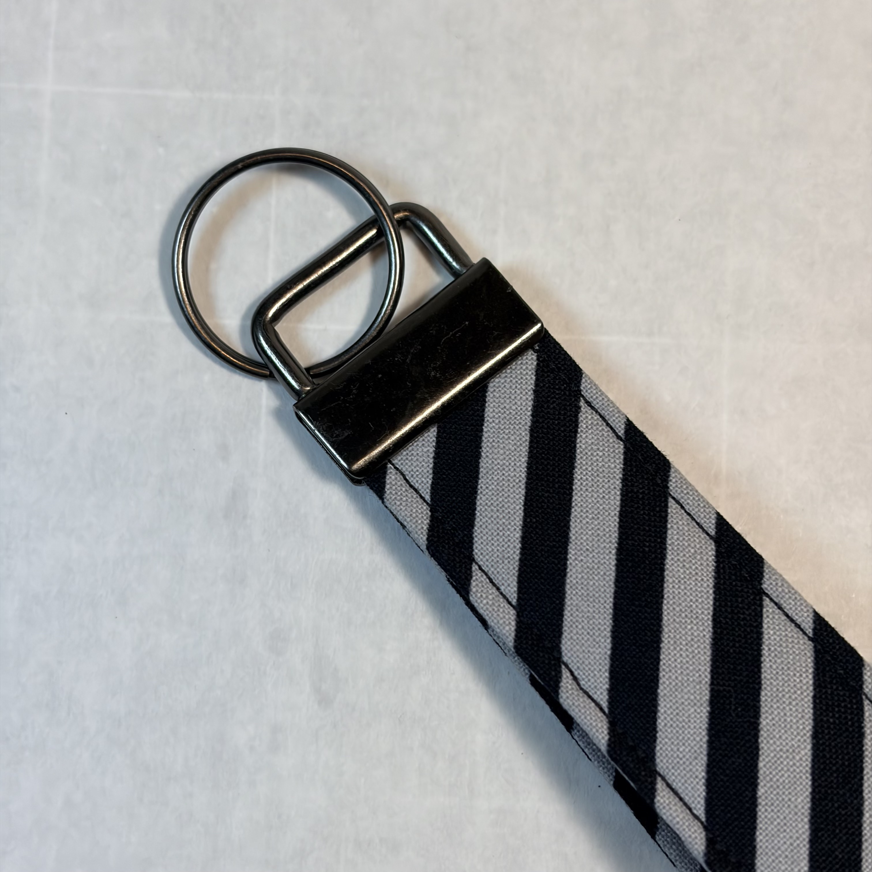 Black Gray Striped Key Fob Wristlet Handmade 6.5" Fabric Keychain Bronze Hardware