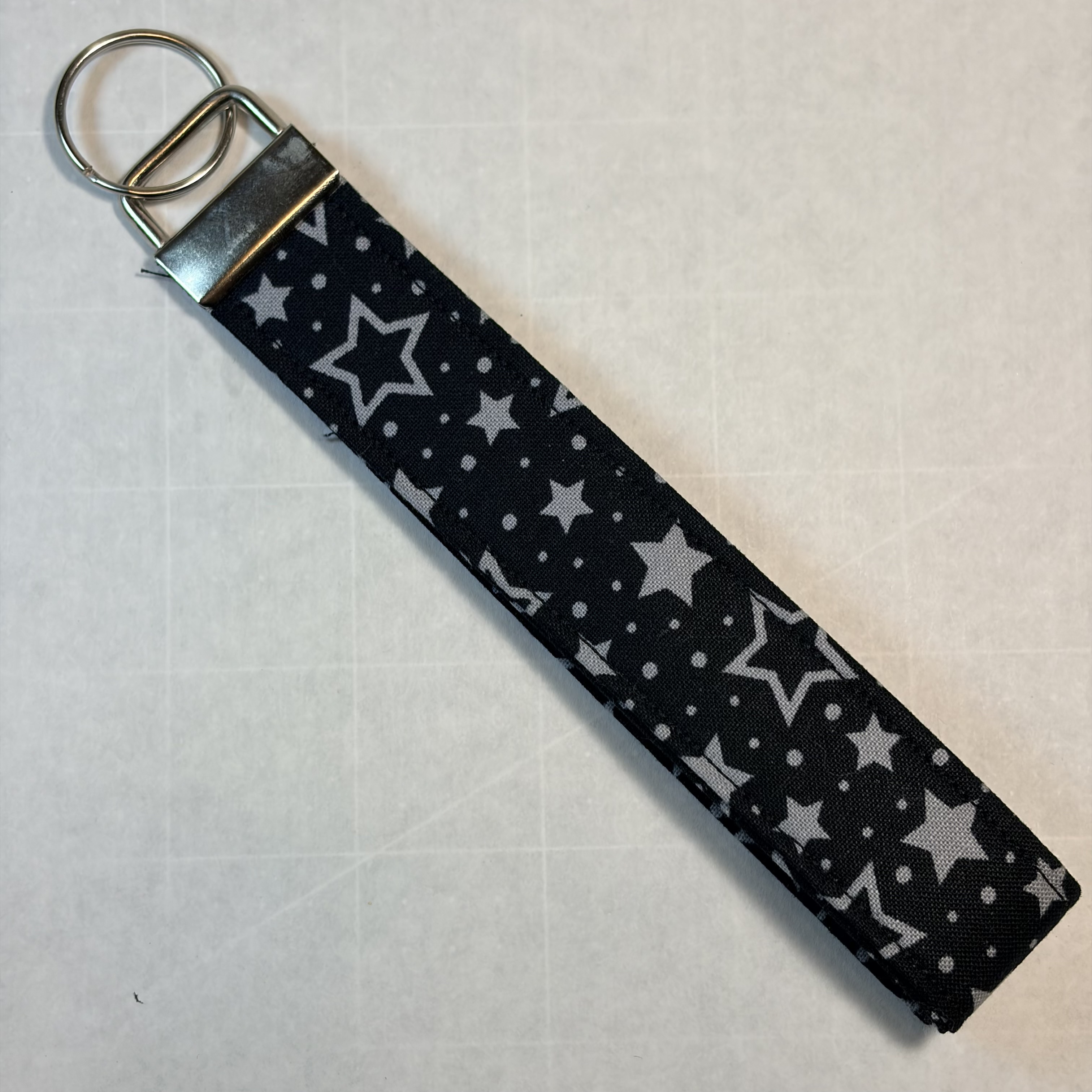 Key Fob Wristlet – Black & Gray Star Fabric Keychain, Handmade Boutique Gift