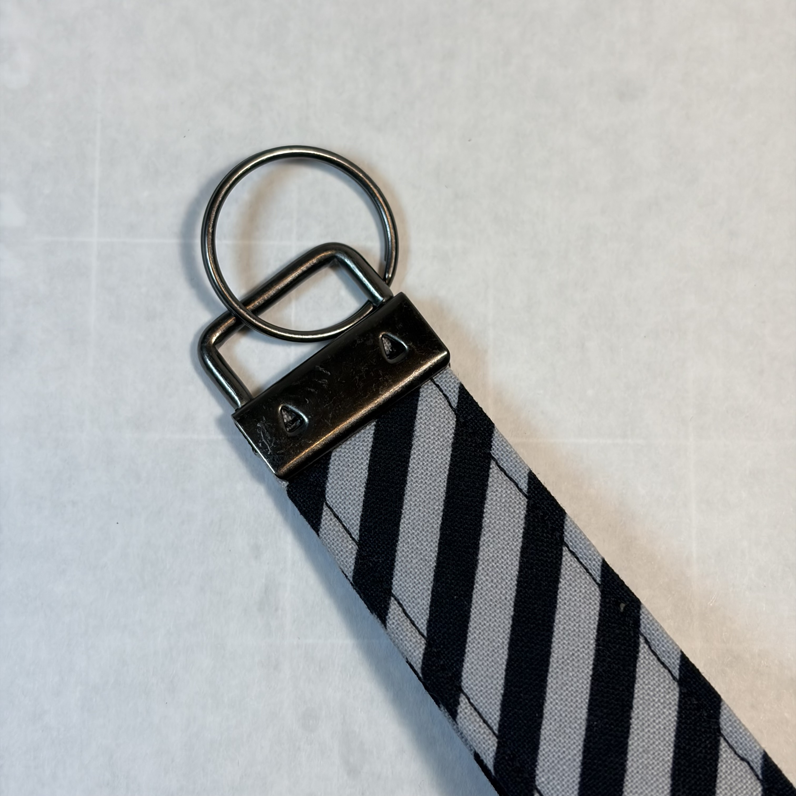 Black Gray Striped Key Fob Wristlet Handmade 6.5" Fabric Keychain Bronze Hardware