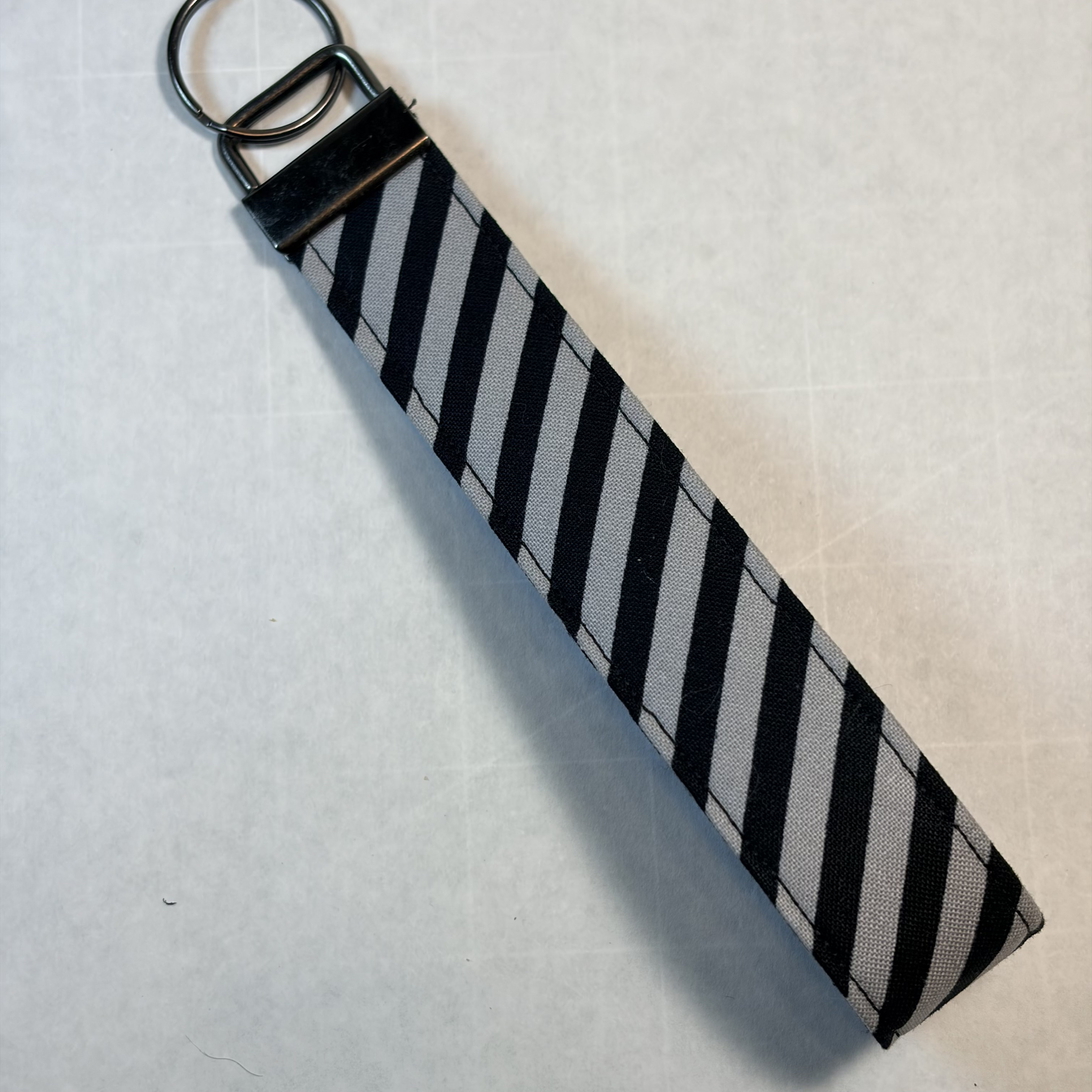 Black Gray Striped Key Fob Wristlet Handmade 6.5" Fabric Keychain Bronze Hardware