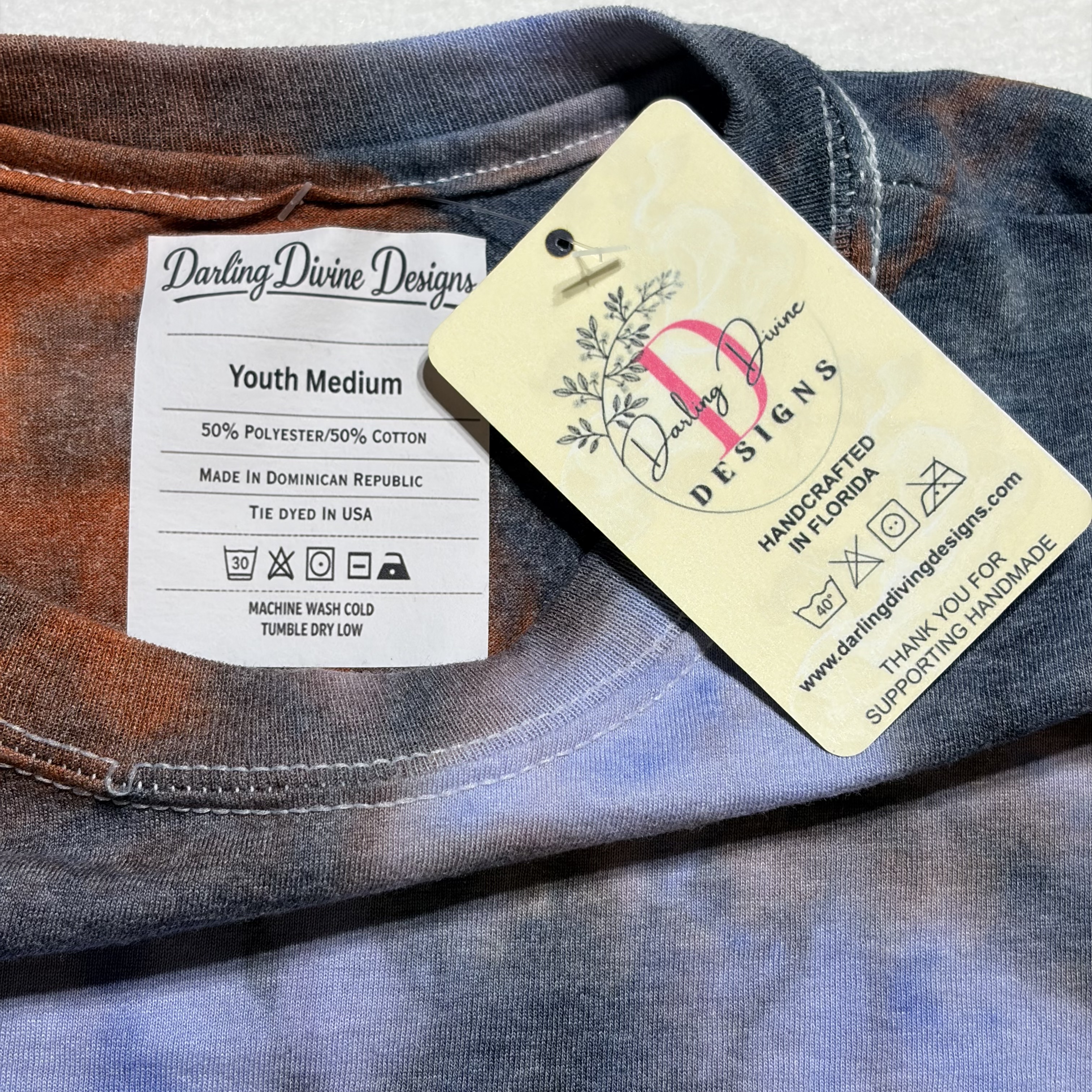 Youth Tie Dye T‑Shirt – Blue/Black/Orange Pattern – Medium 50/50 Blend