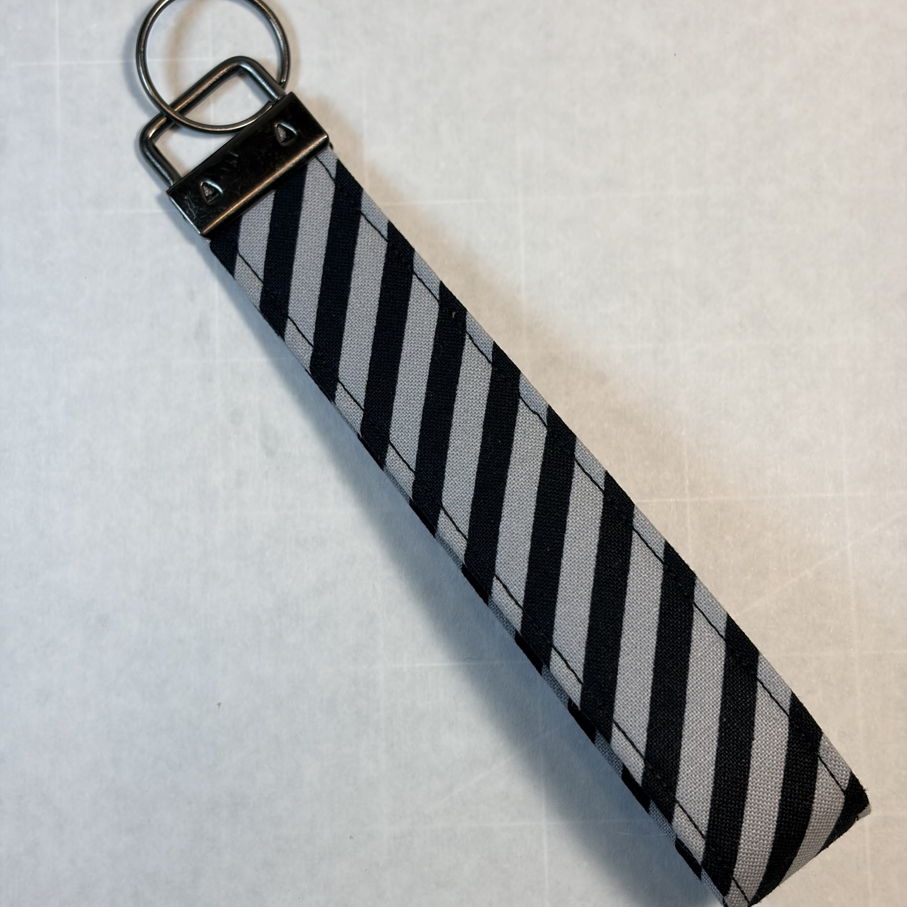 Black Gray Striped Key Fob Wristlet Handmade 6.5" Fabric Keychain Bronze Hardware