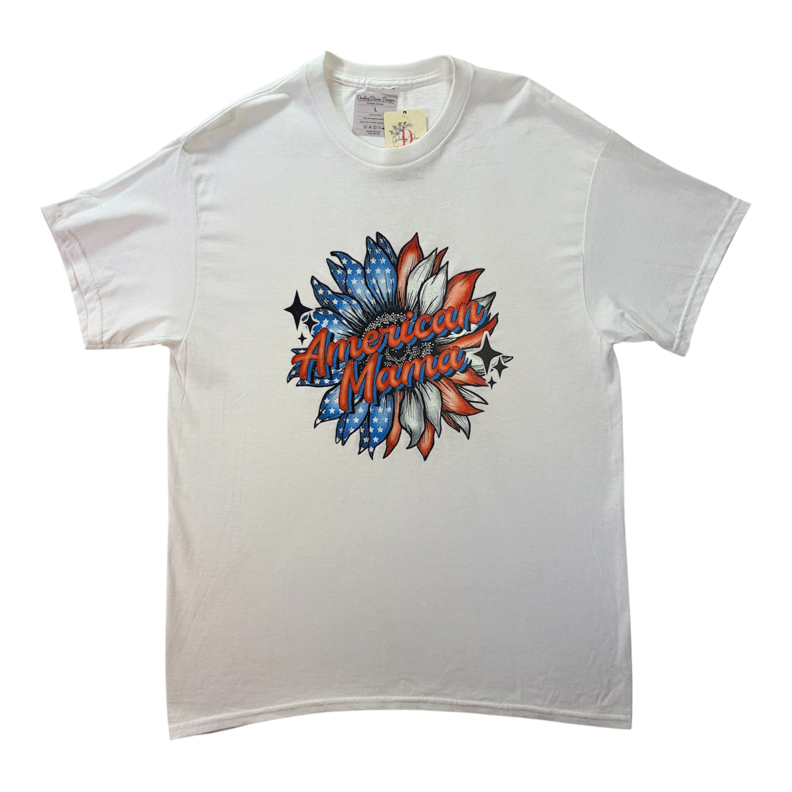 American Mama Graphic Tee – Patriotic Floral – White Unisex Large