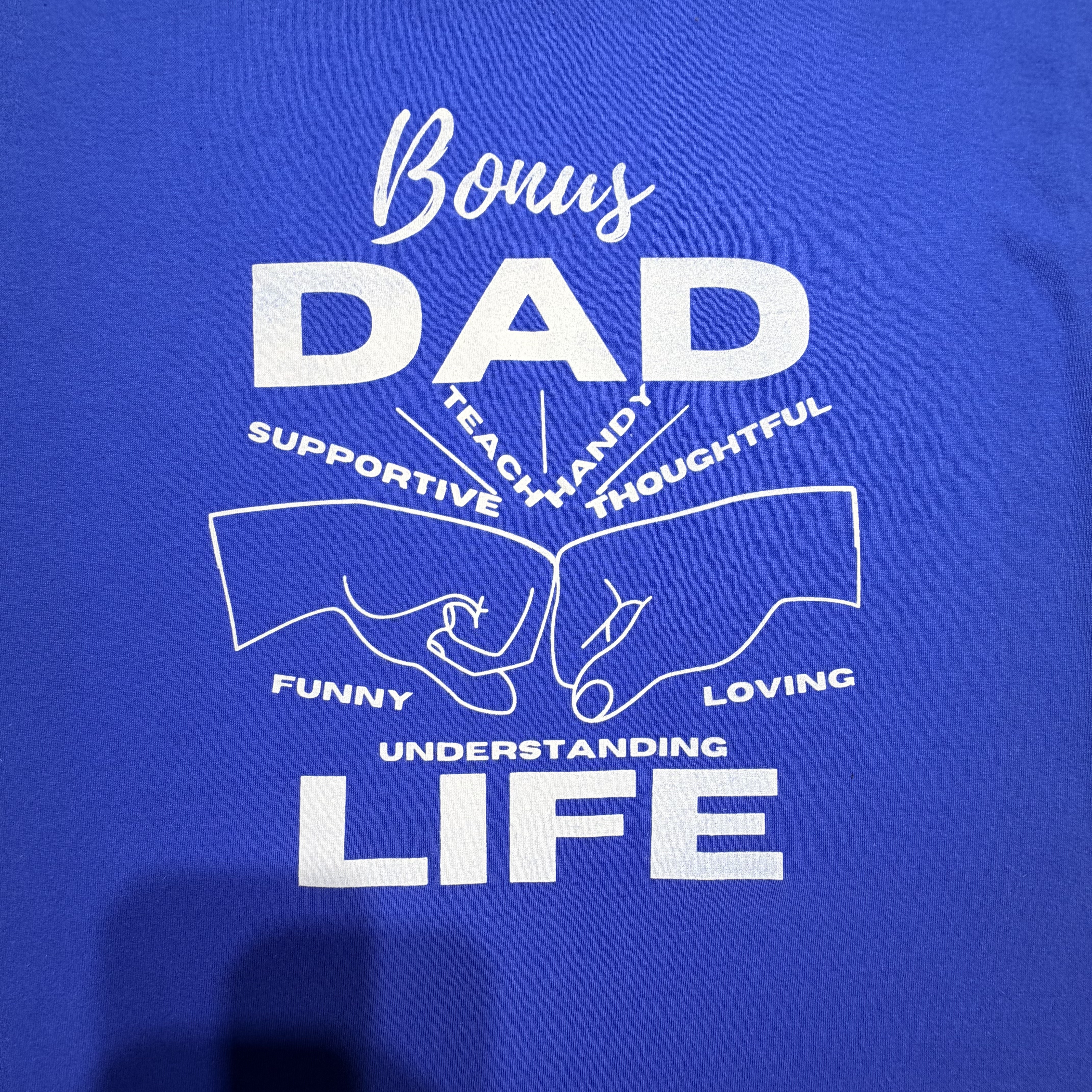 Royal Blue Bonus Dad Life Graphic Tee – Fist Bump Design – Unisex Large