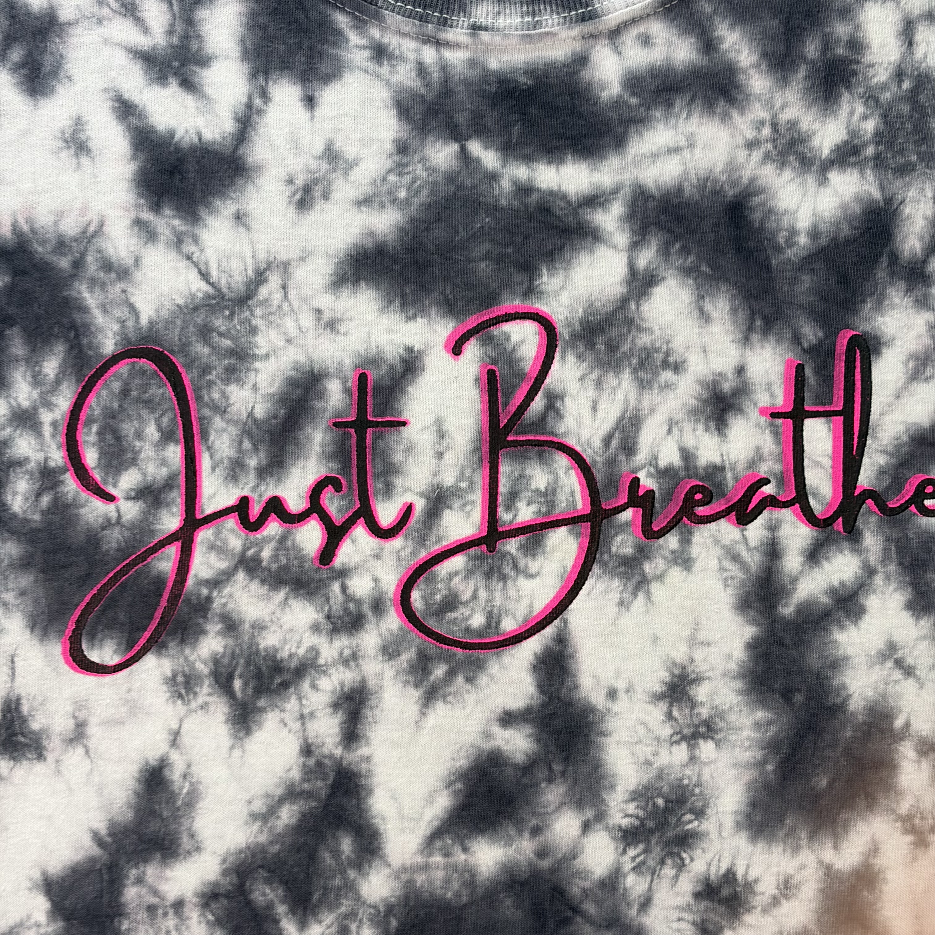 Tie Dye Graphic Tee – “Just Breathe” Inspirational Quote – Handmade XL