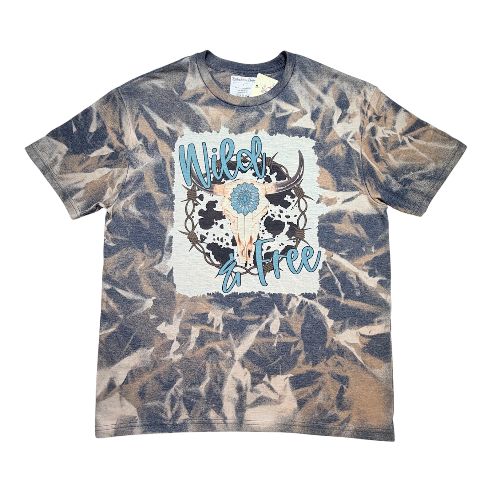 Bleach‑Dyed Cow Print Graphic Tee – “Wild & Free” Western Style – Unisex Large