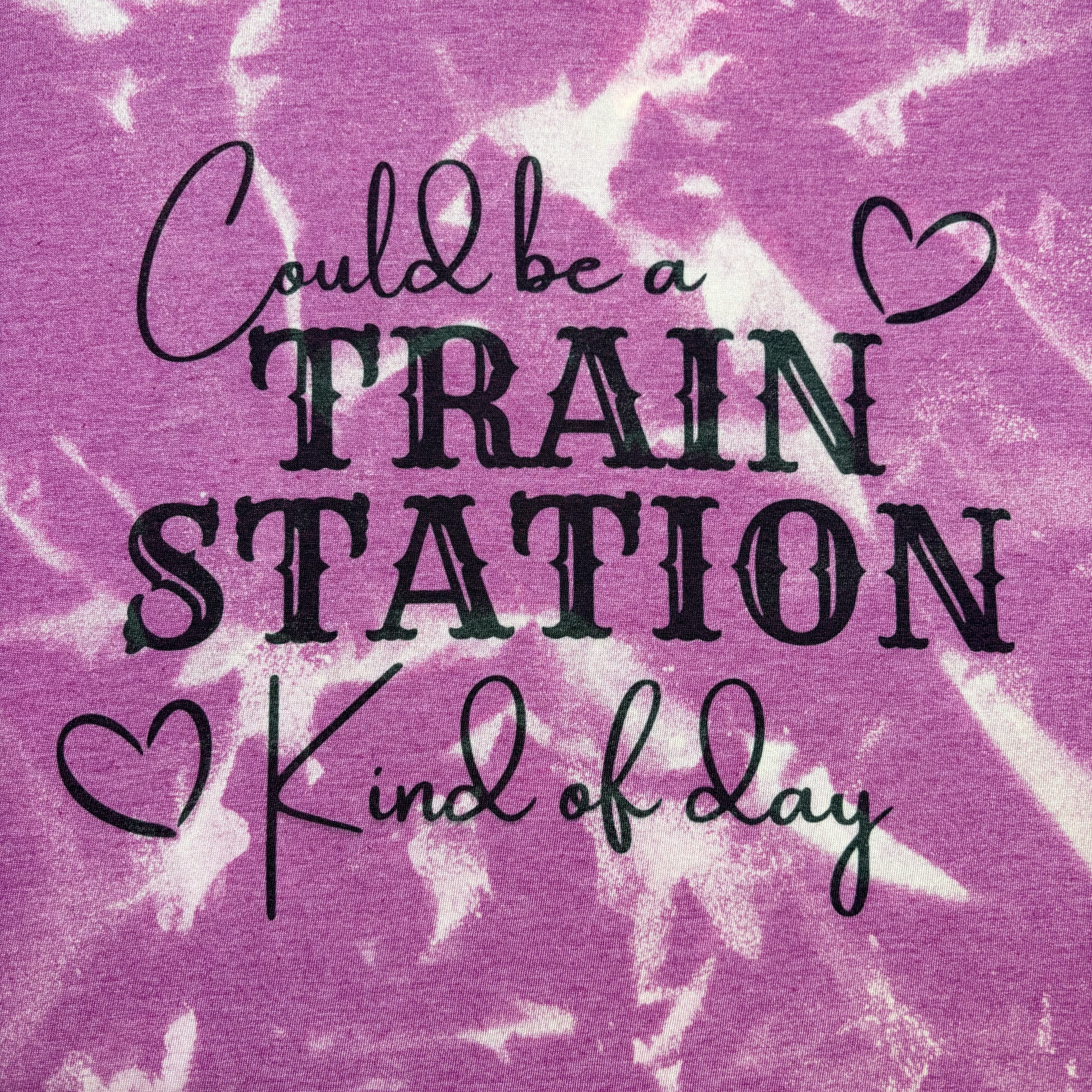 Bleach‑Dyed Heather Berry Graphic Tee – “Train Station Kind of Day” – Large