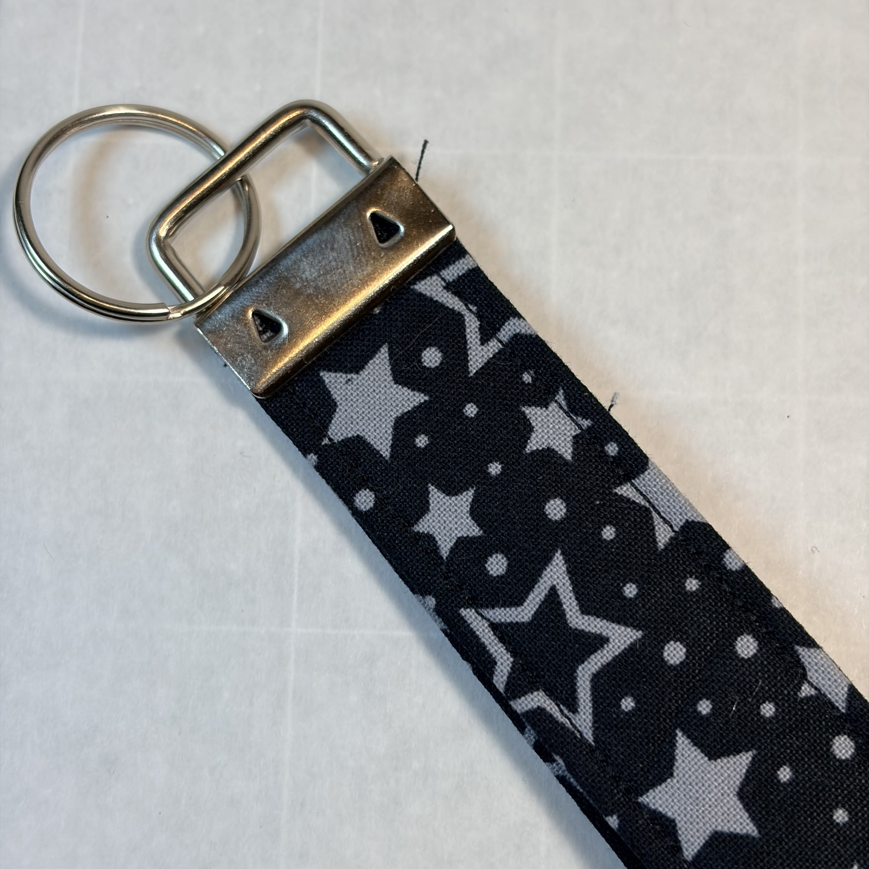 Key Fob Wristlet – Black & Gray Star Fabric Keychain, Handmade Boutique Gift