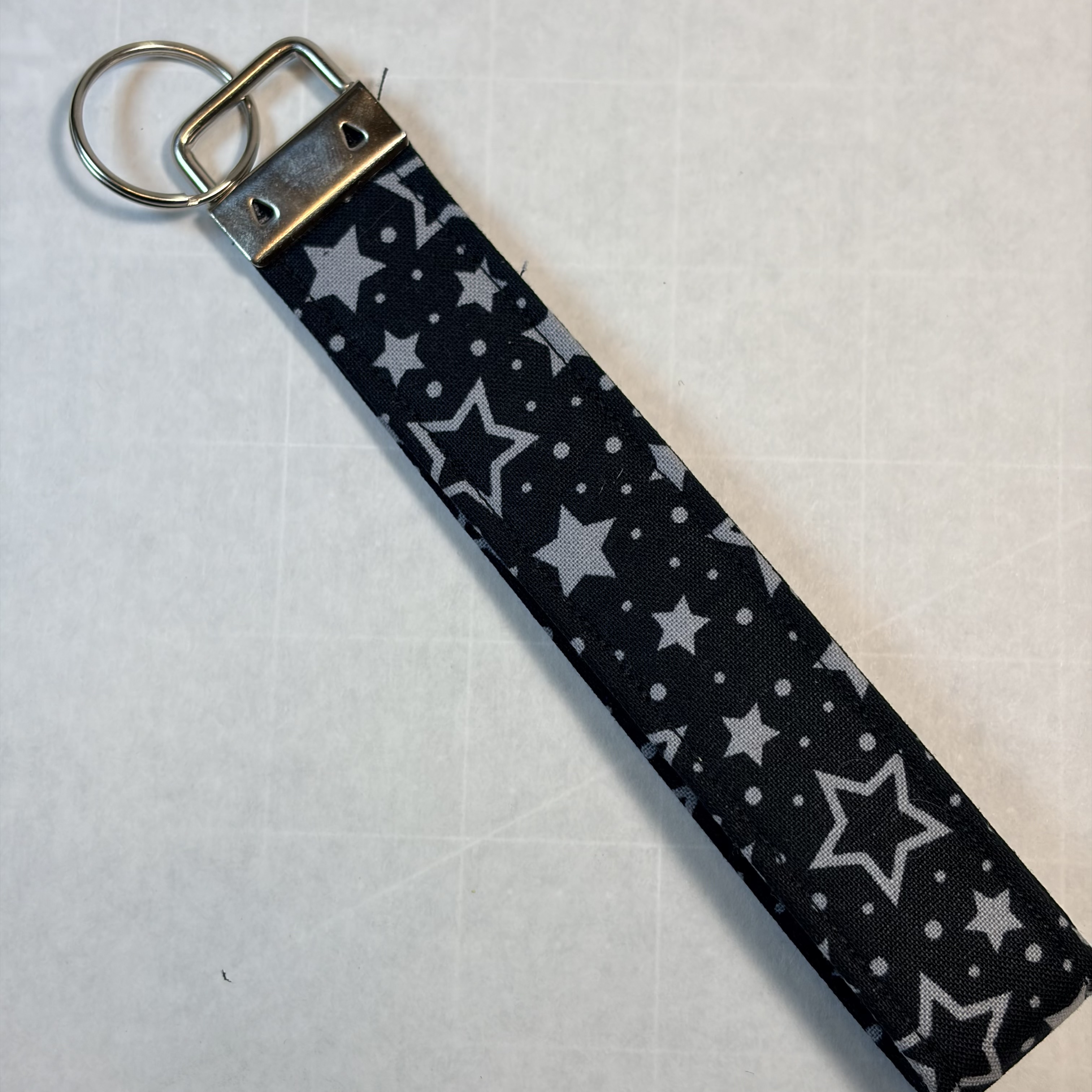 Key Fob Wristlet – Black & Gray Star Fabric Keychain, Handmade Boutique Gift