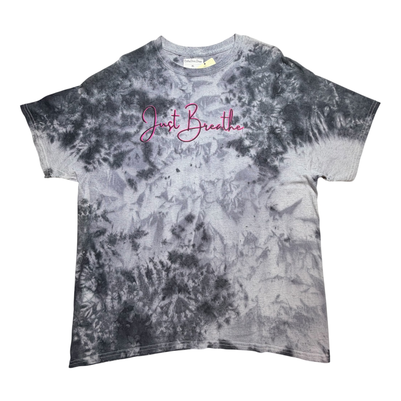 Black & Gray Tie Dye Graphic Tee – “Just Breathe” Pink Accent – Handmade XL